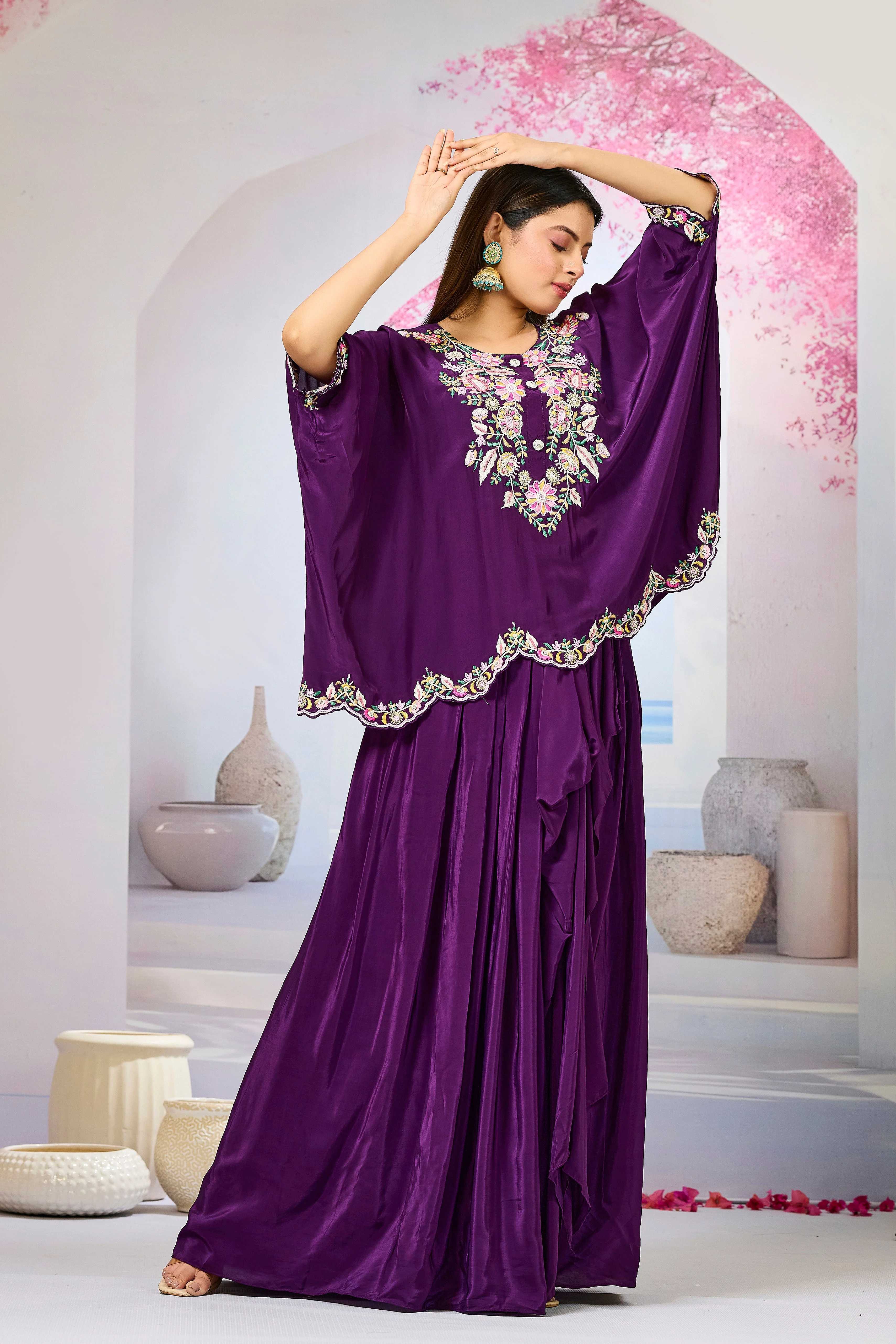 Purple Embellished Crepe Silk Skirt Set - Image 3