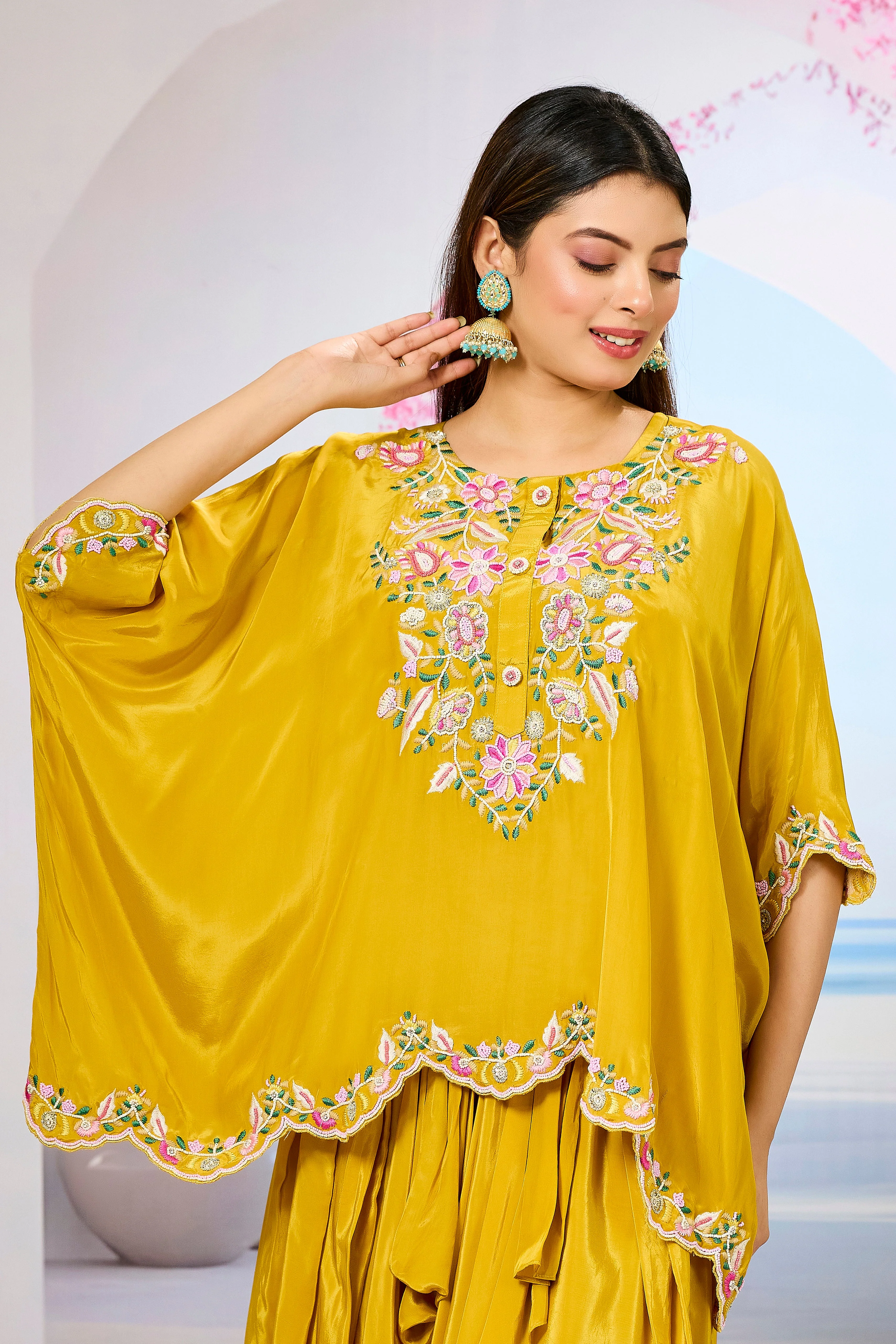 Yellow Embellished Crepe Silk Skirt Set - Image 2
