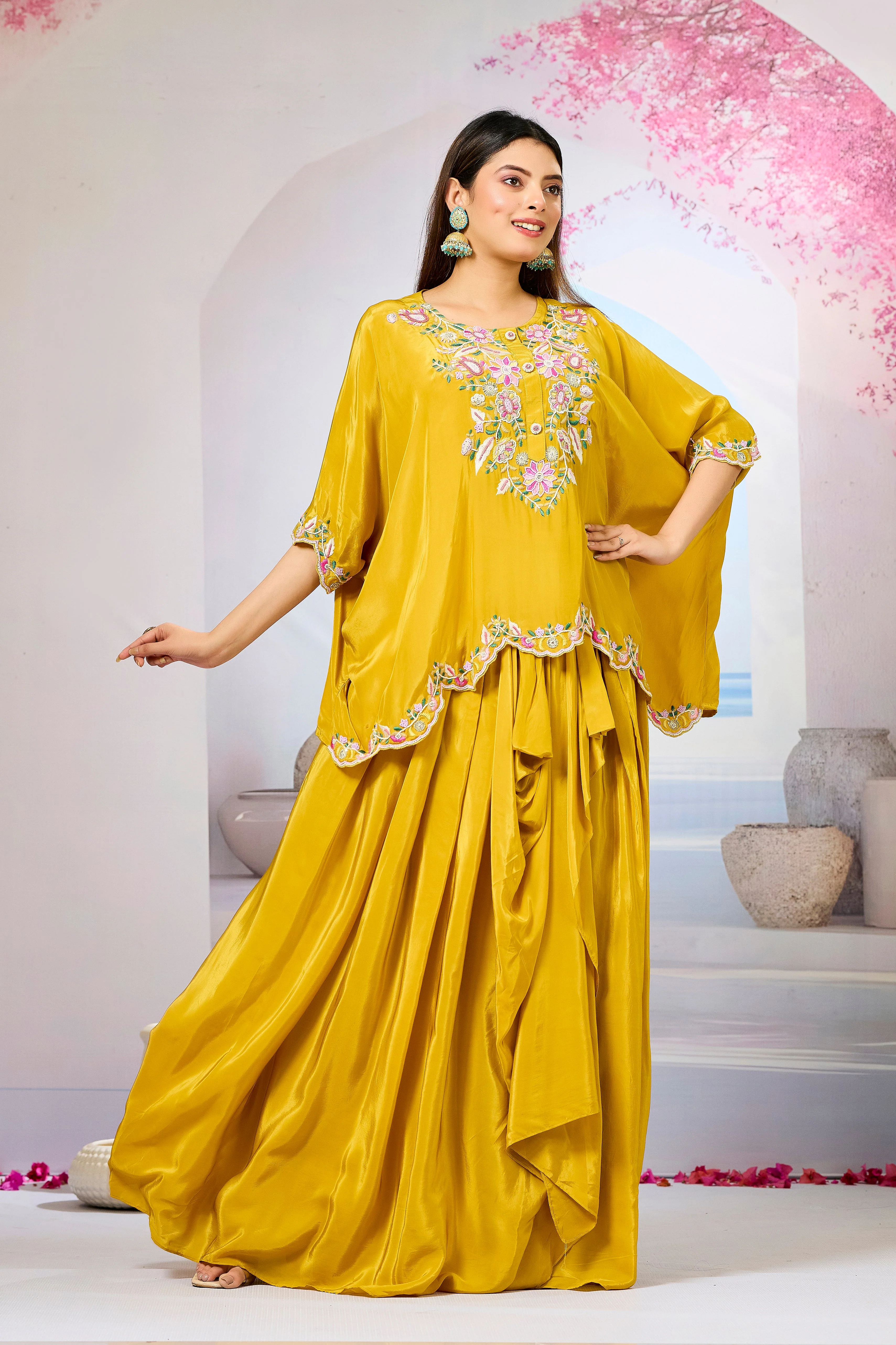 Yellow Embellished Crepe Silk Skirt Set - Image 3