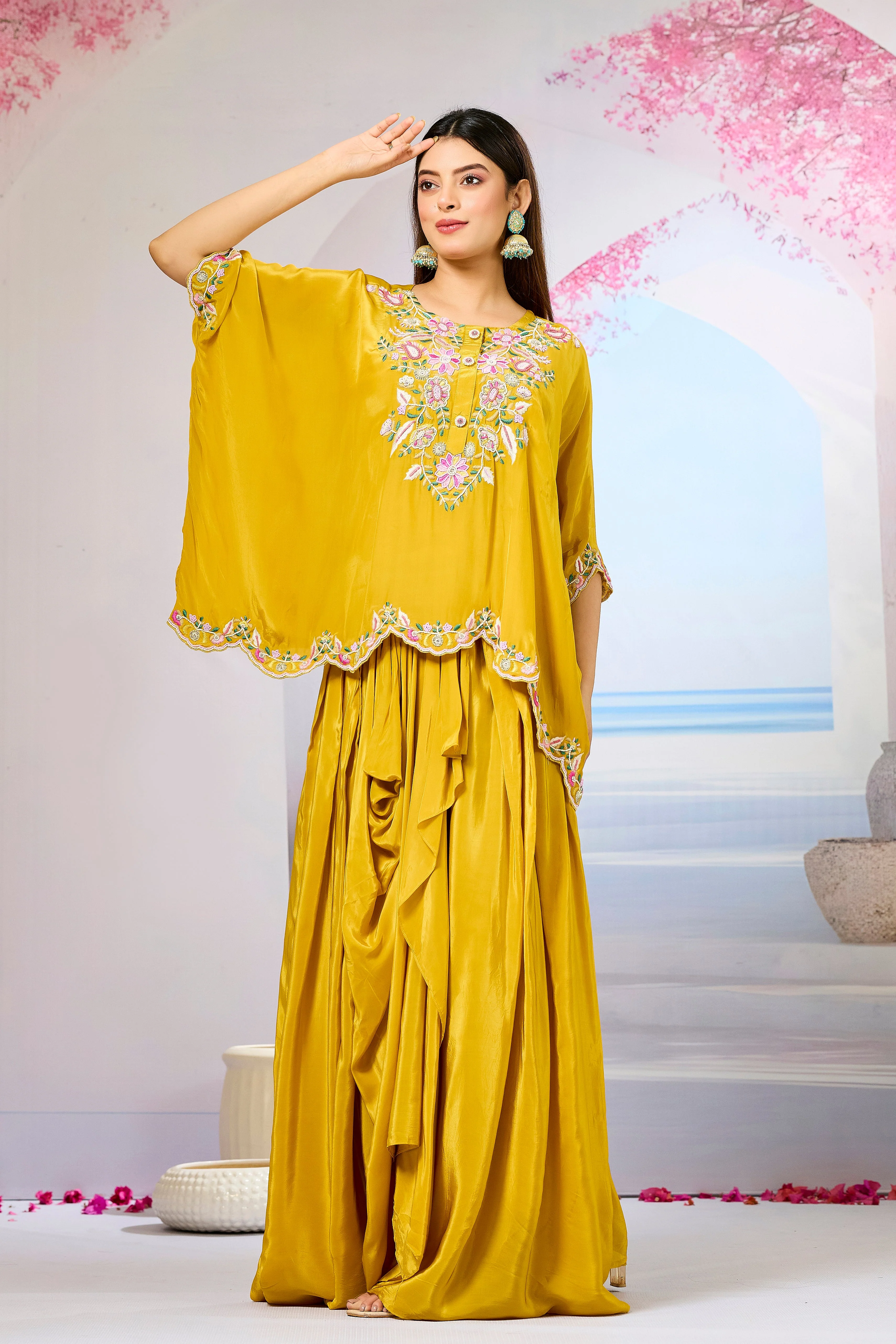 Yellow Embellished Crepe Silk Skirt Set - Image 4