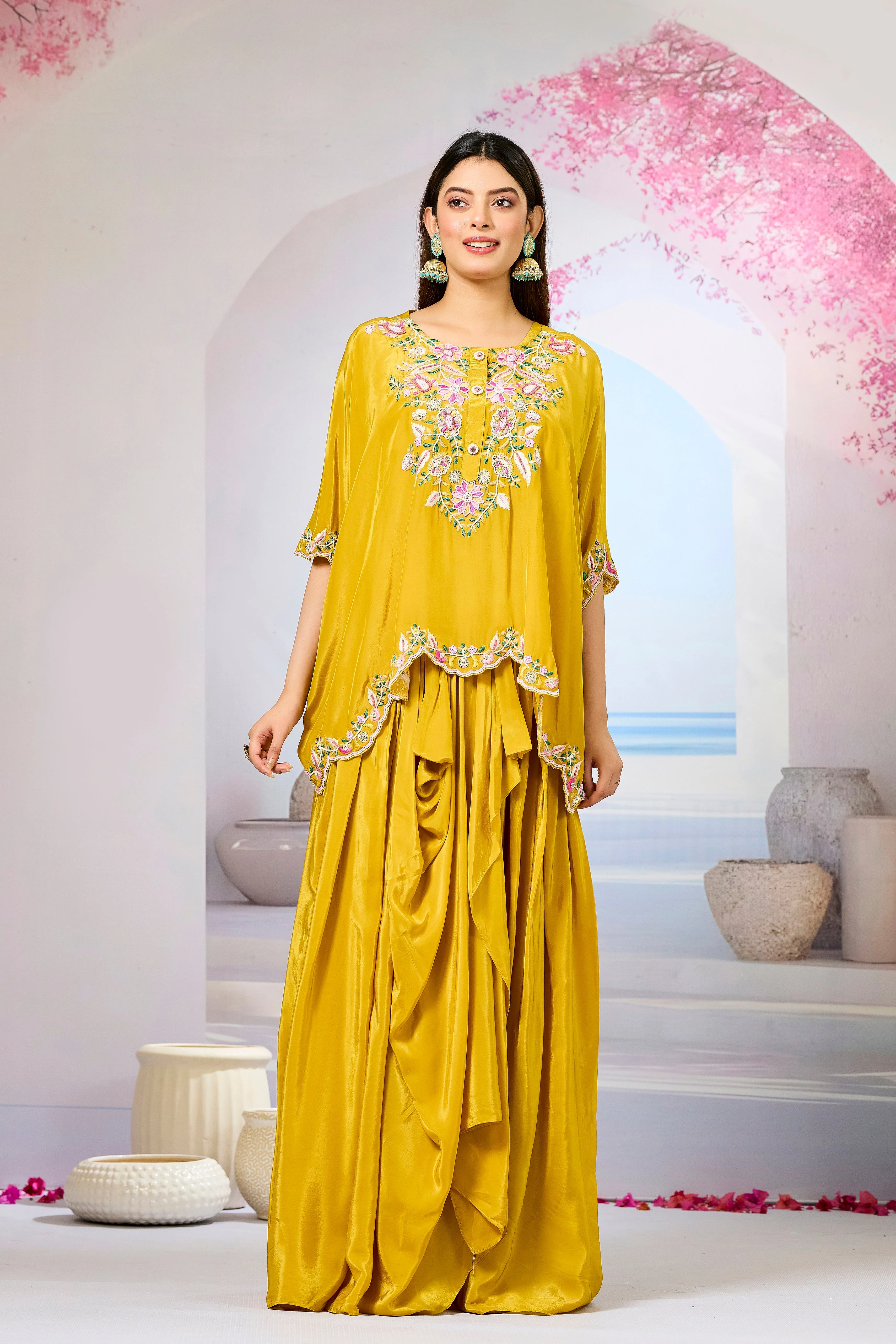 Yellow Embellished Crepe Silk Skirt Set - Image 5