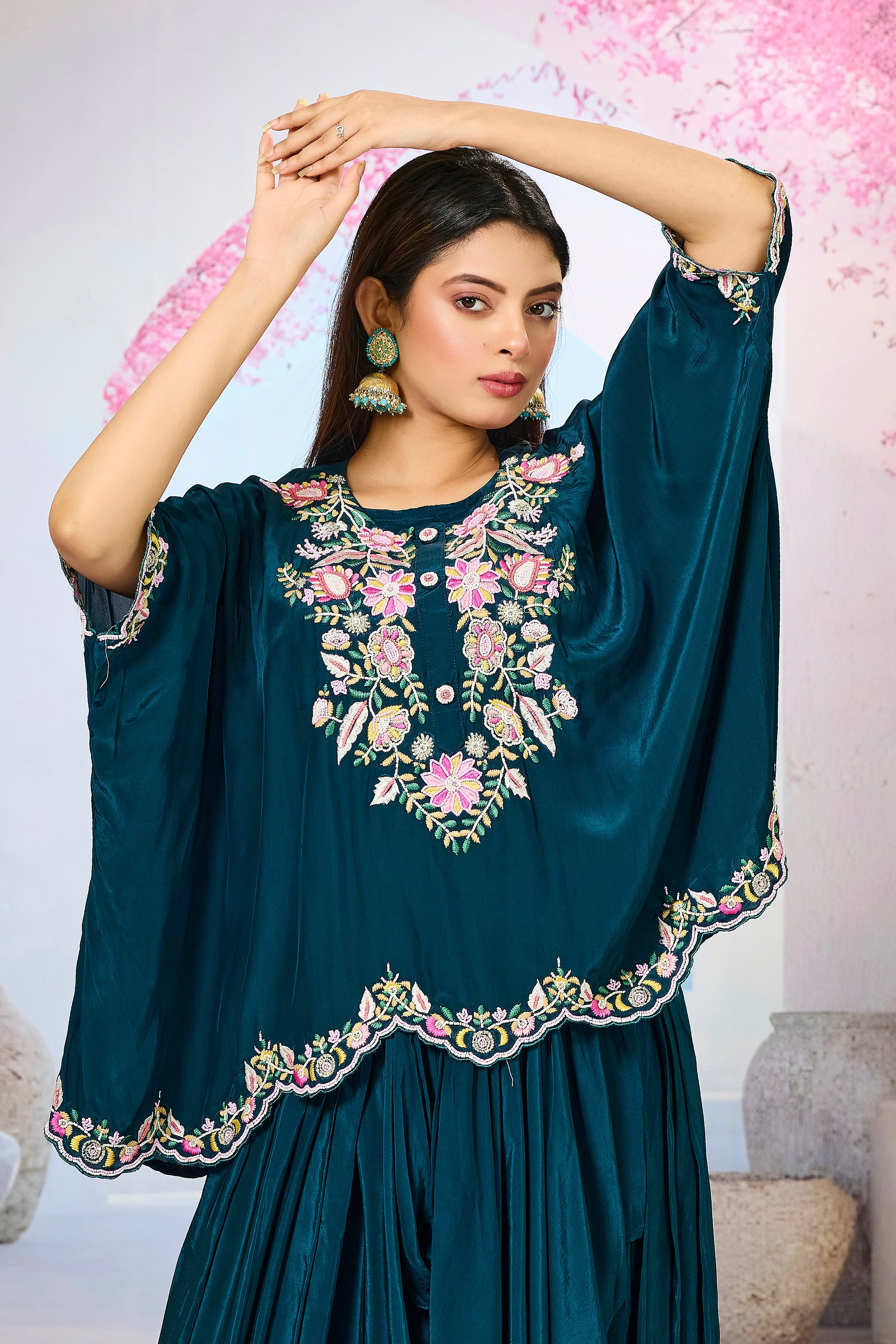 Deep Teal Embellished Crepe Silk Skirt Set - Image 2