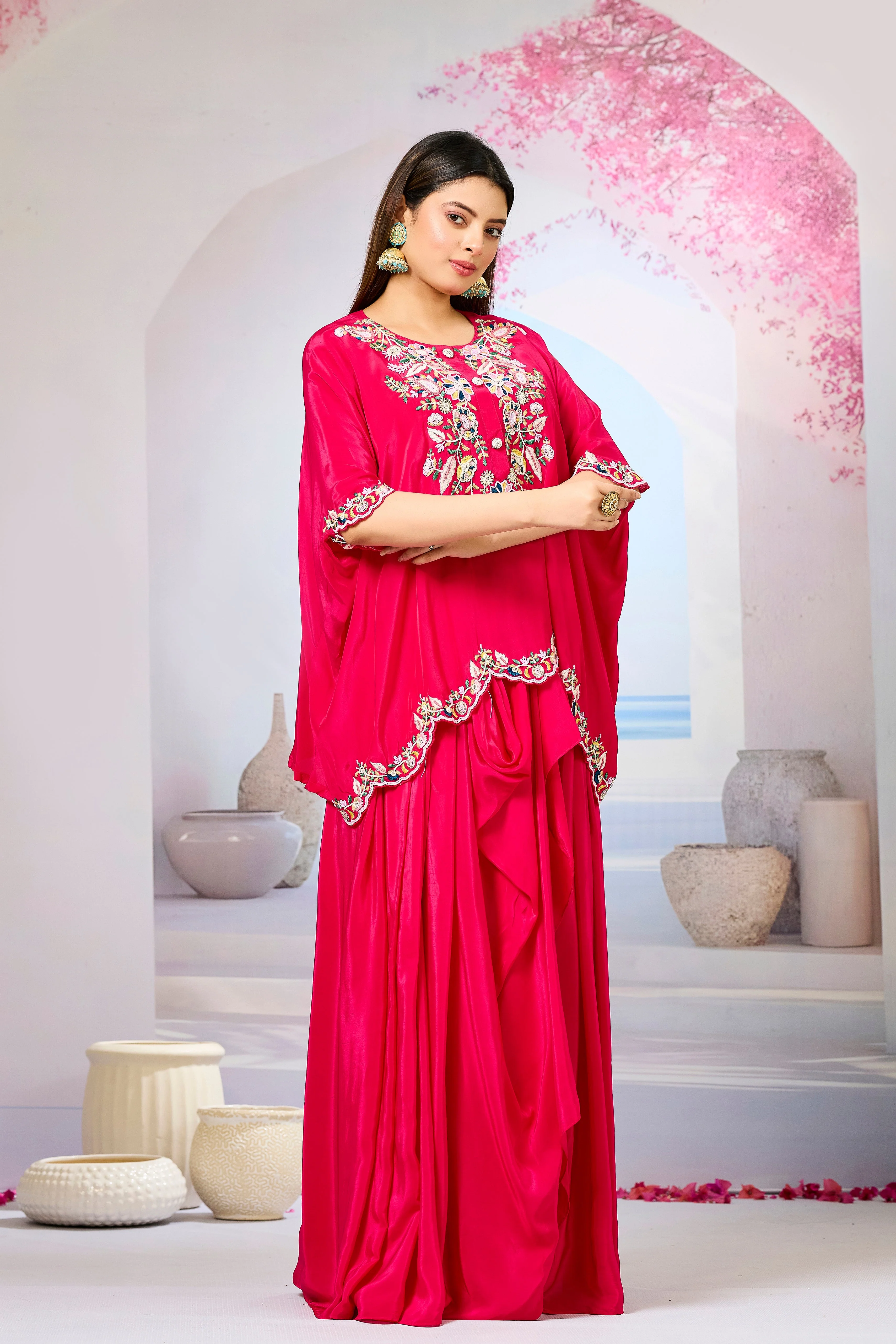 Red Embellished Crepe Silk Skirt Set - Image 3