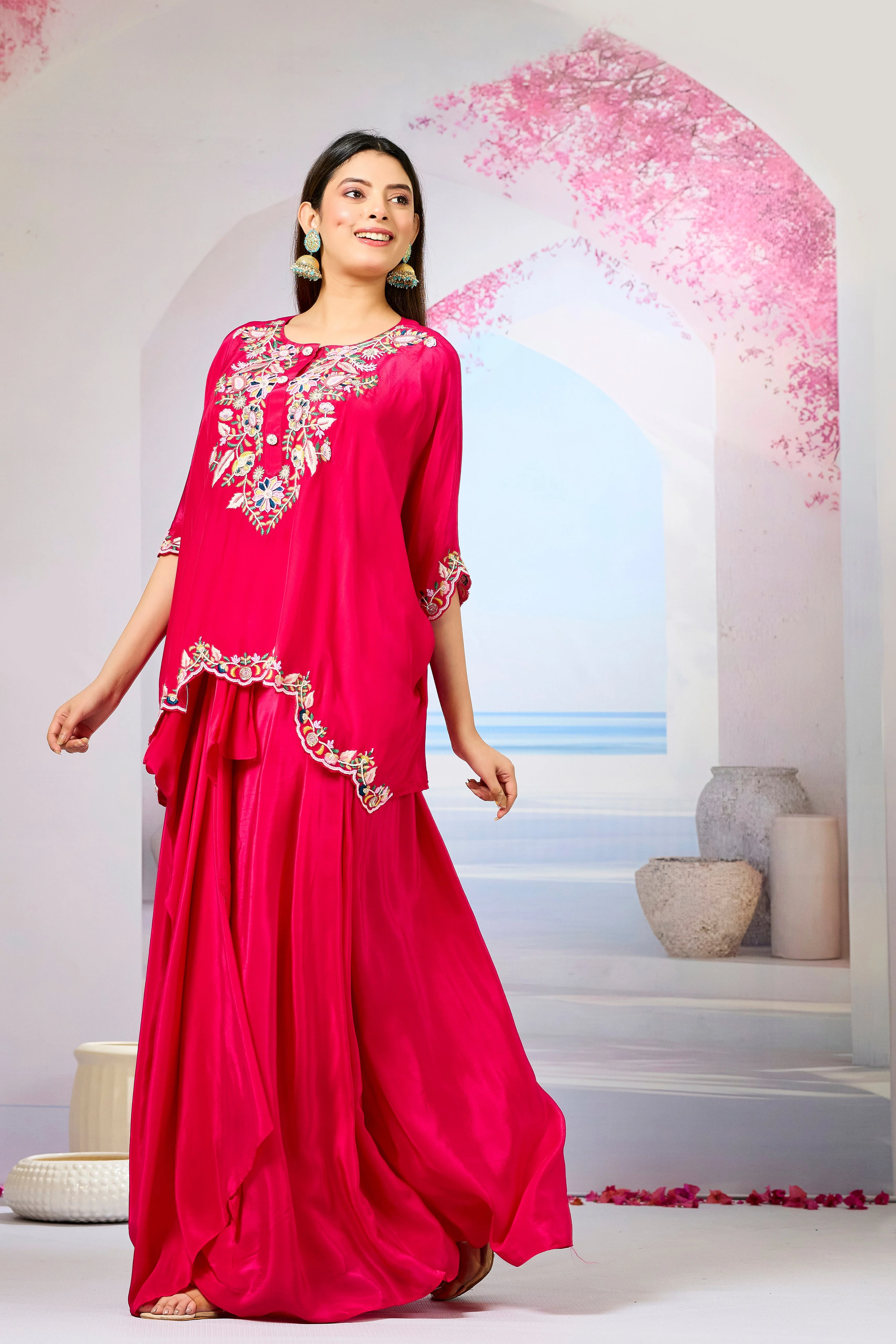 Red Embellished Crepe Silk Skirt Set - Image 4