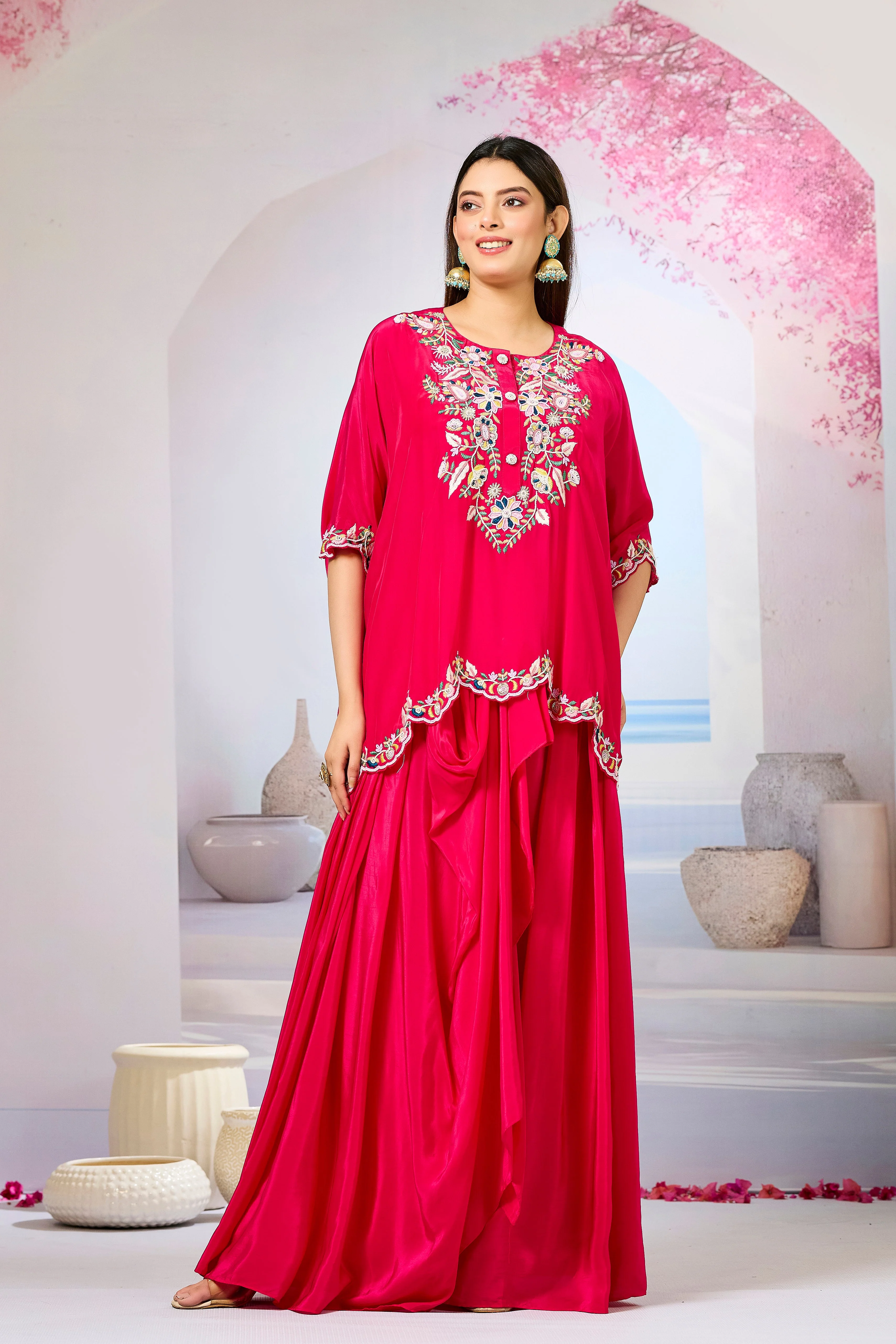 Red Embellished Crepe Silk Skirt Set - Image 5
