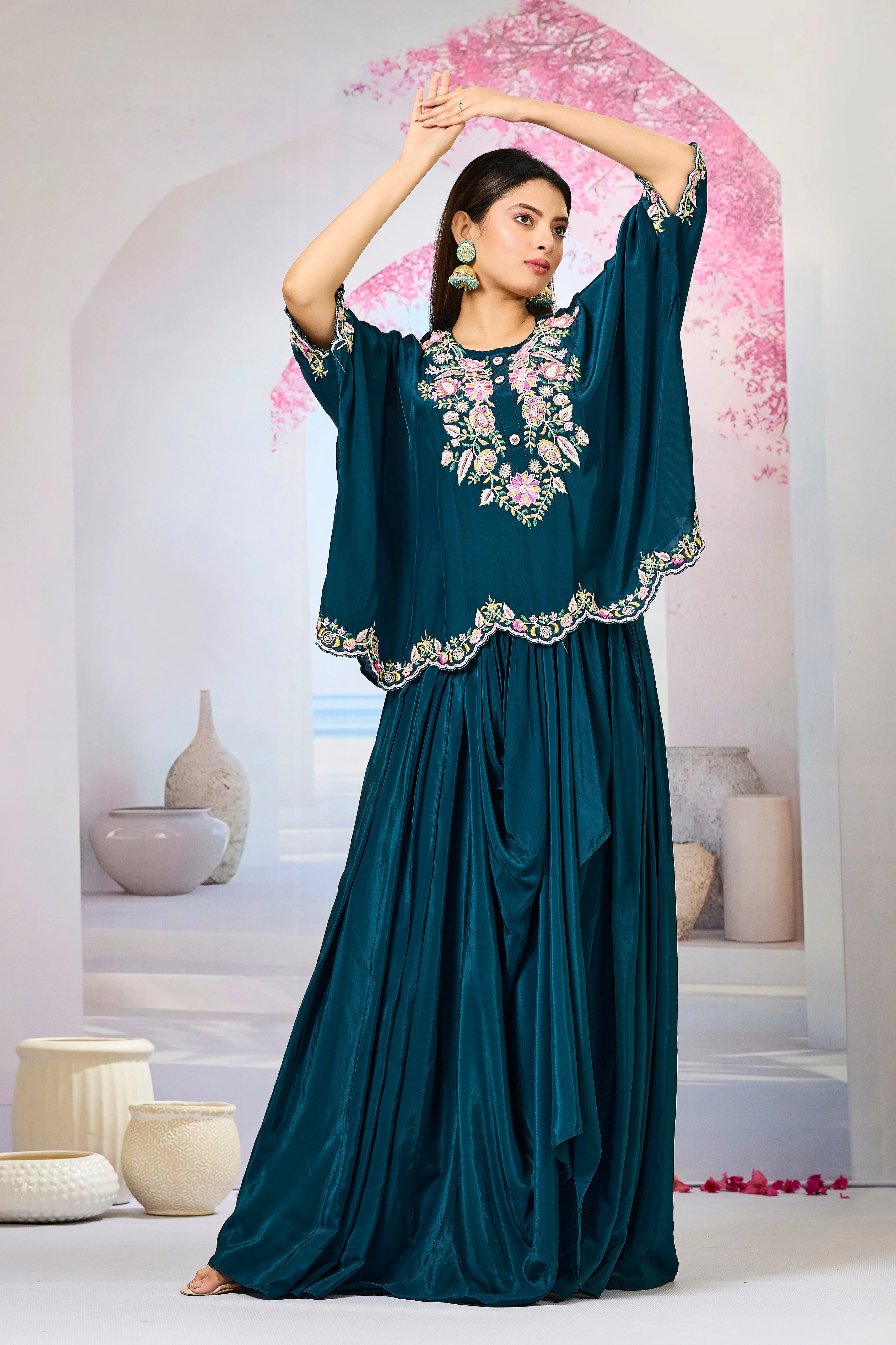 Deep Teal Embellished Crepe Silk Skirt Set - Image 3