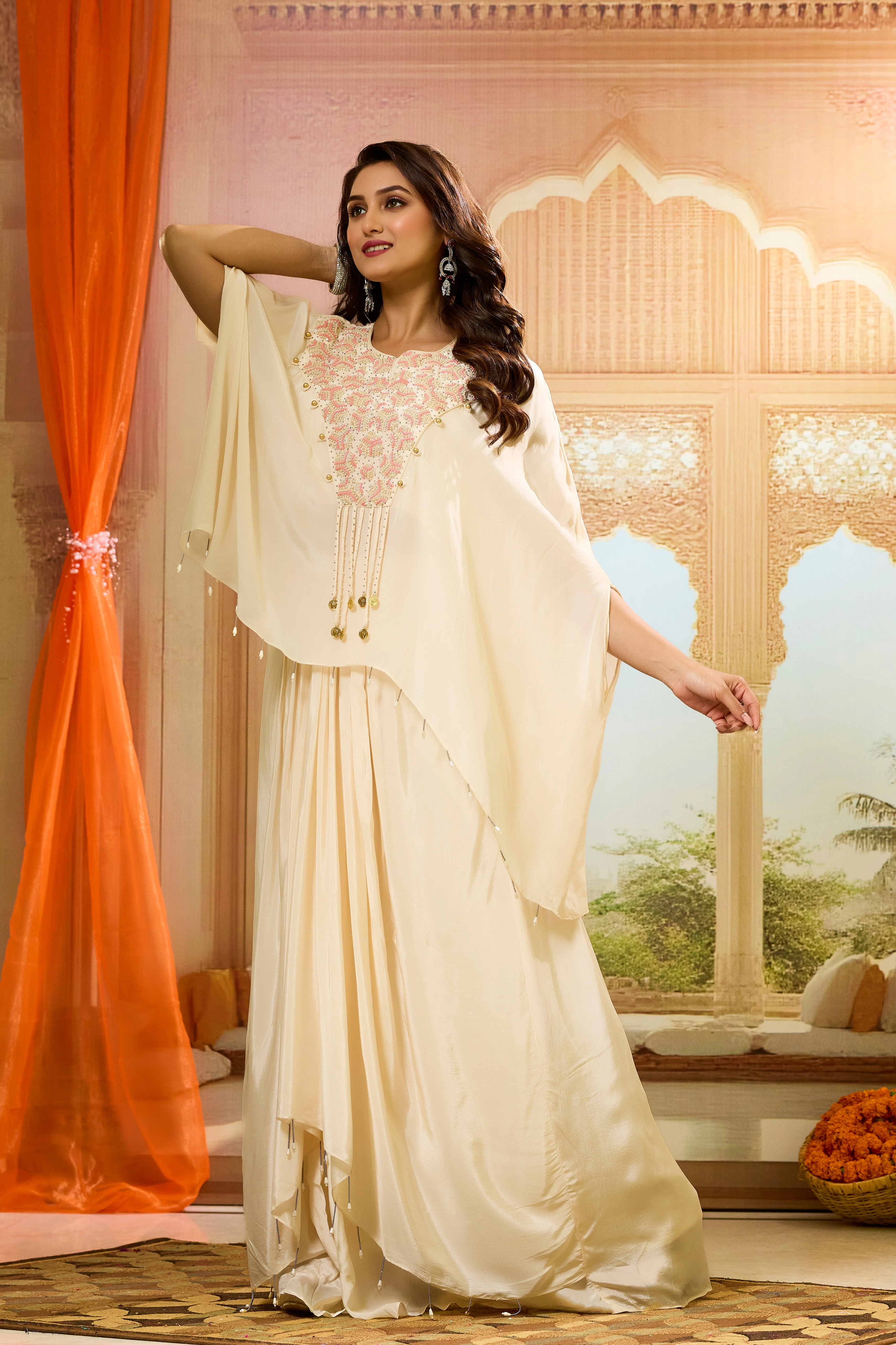 Cream Handwork Crepe Silk Skirt Set - Image 2
