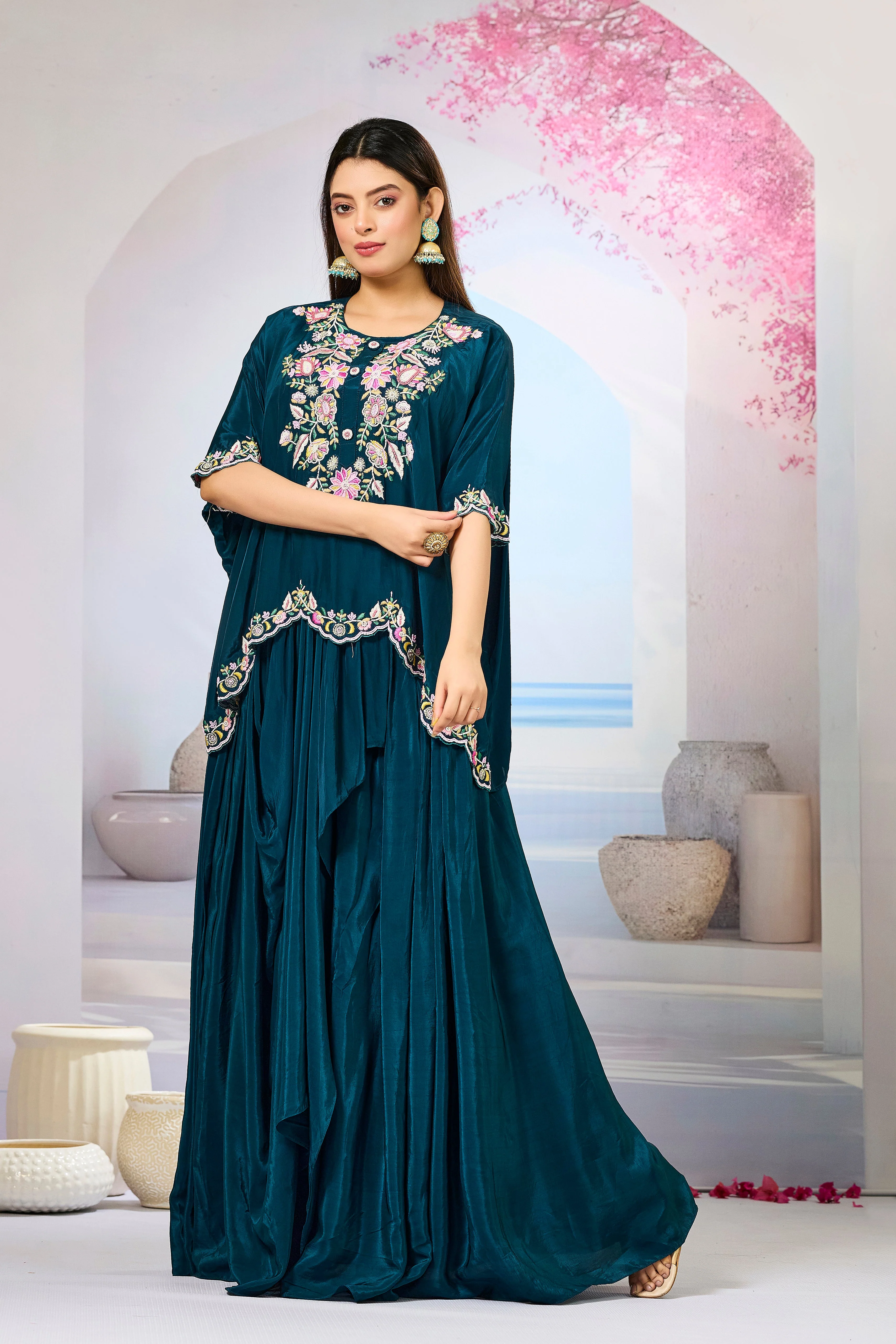 Deep Teal Embellished Crepe Silk Skirt Set - Image 4