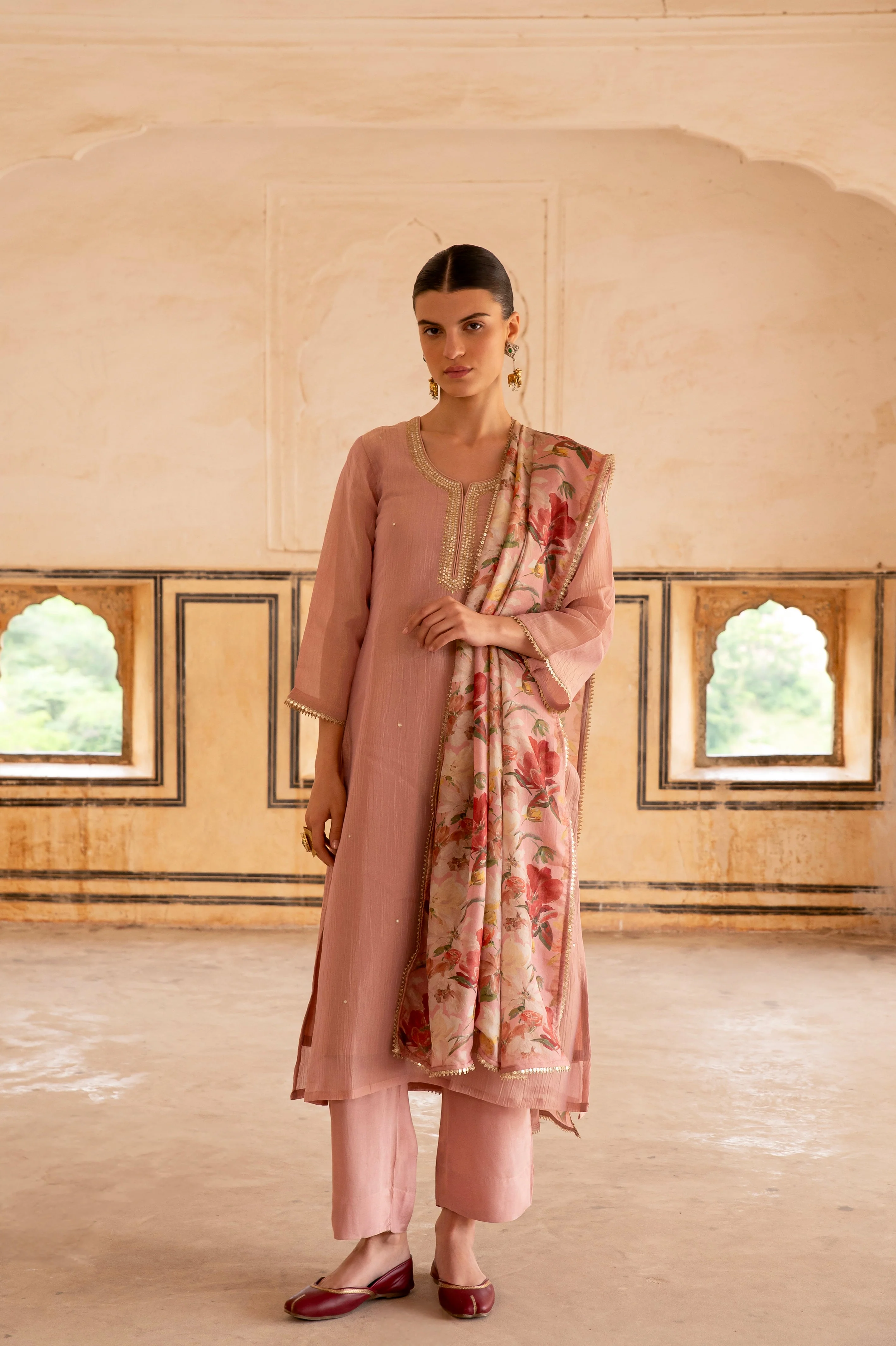Pink Embellished Crushed Tissue Silk Pant Set