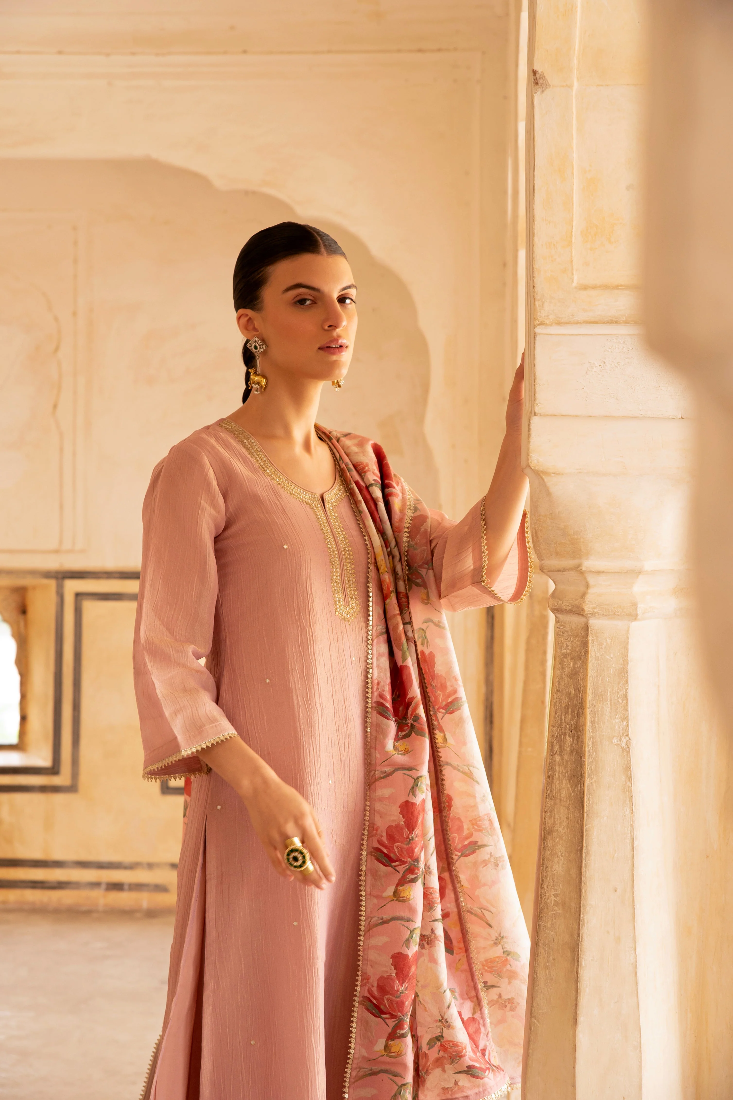 Pink Embellished Crushed Tissue Silk Pant Set - Image 2