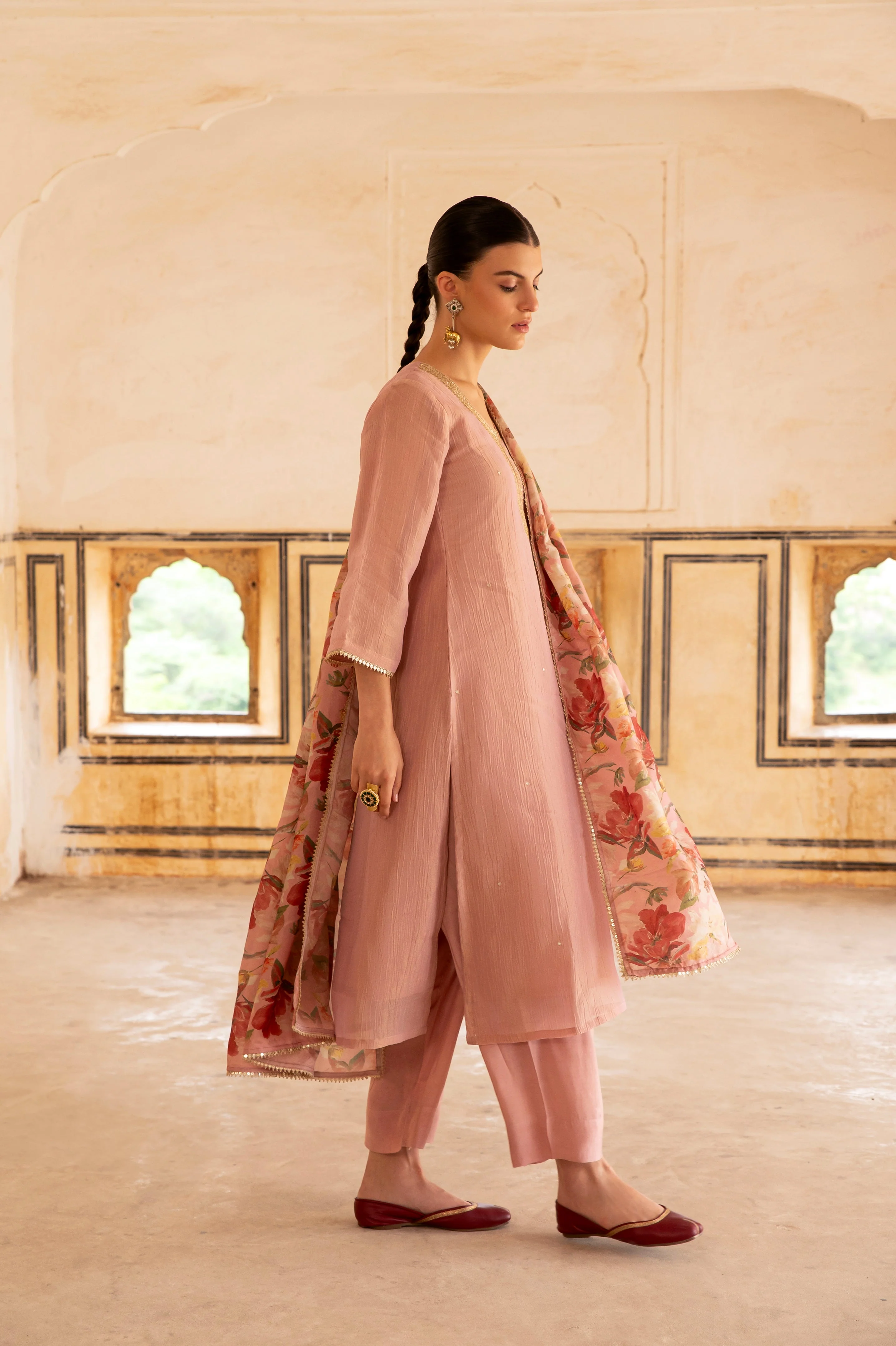 Pink Embellished Crushed Tissue Silk Pant Set - Image 3