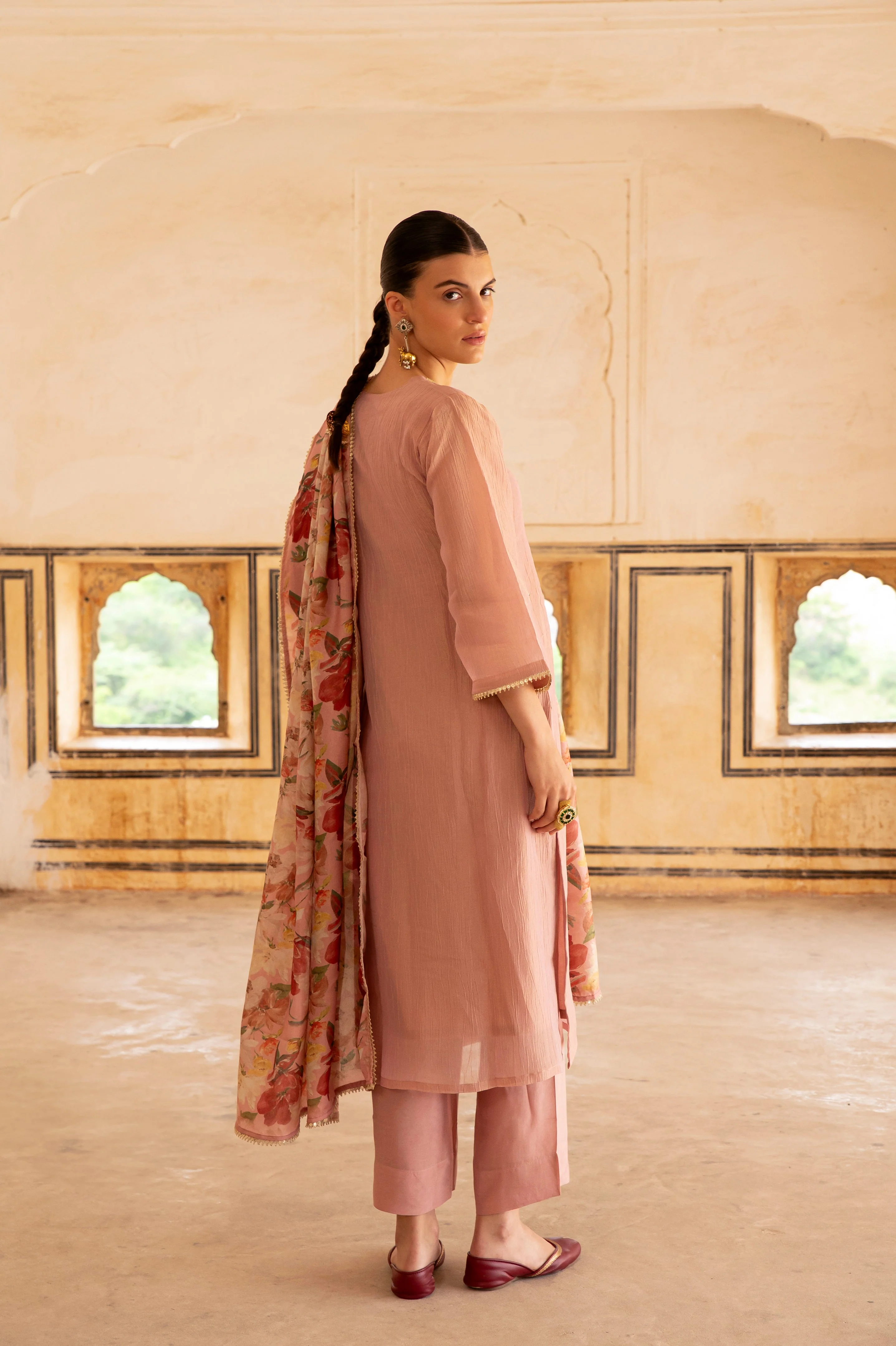 Pink Embellished Crushed Tissue Silk Pant Set - Image 4