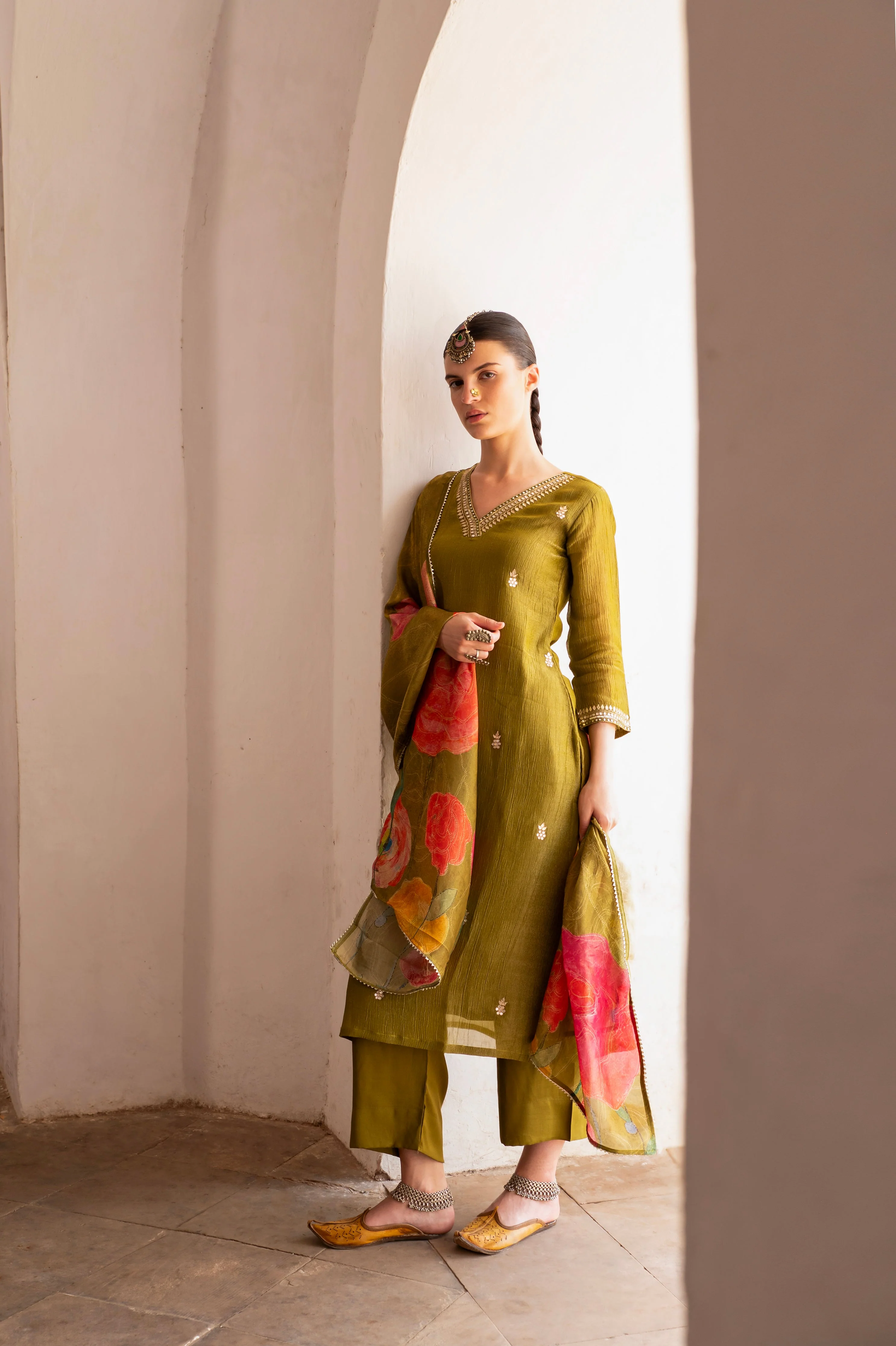 Olive Green Embellished Crushed Tissue Silk Pant Set - Image 3