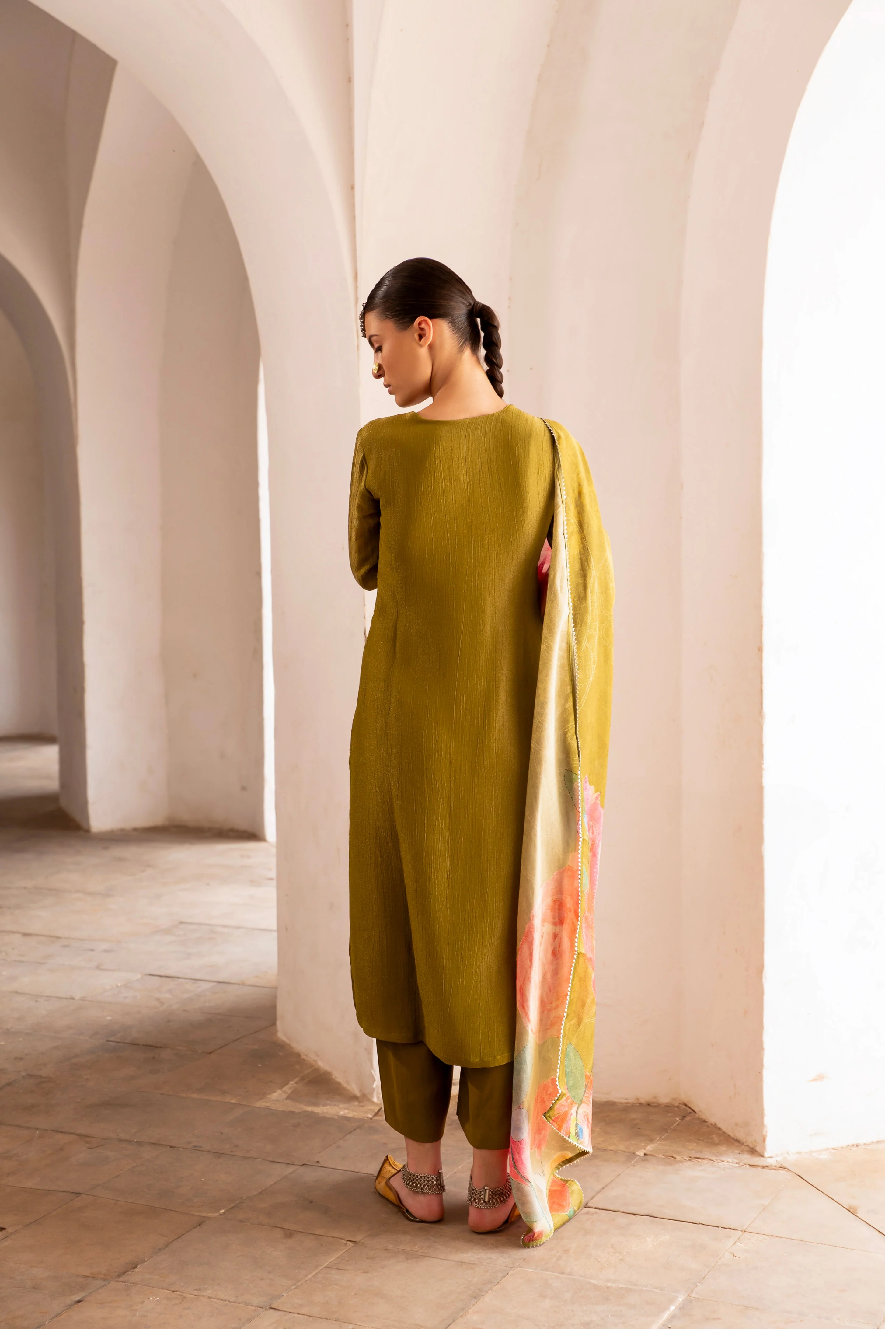 Olive Green Embellished Crushed Tissue Silk Pant Set - Image 4