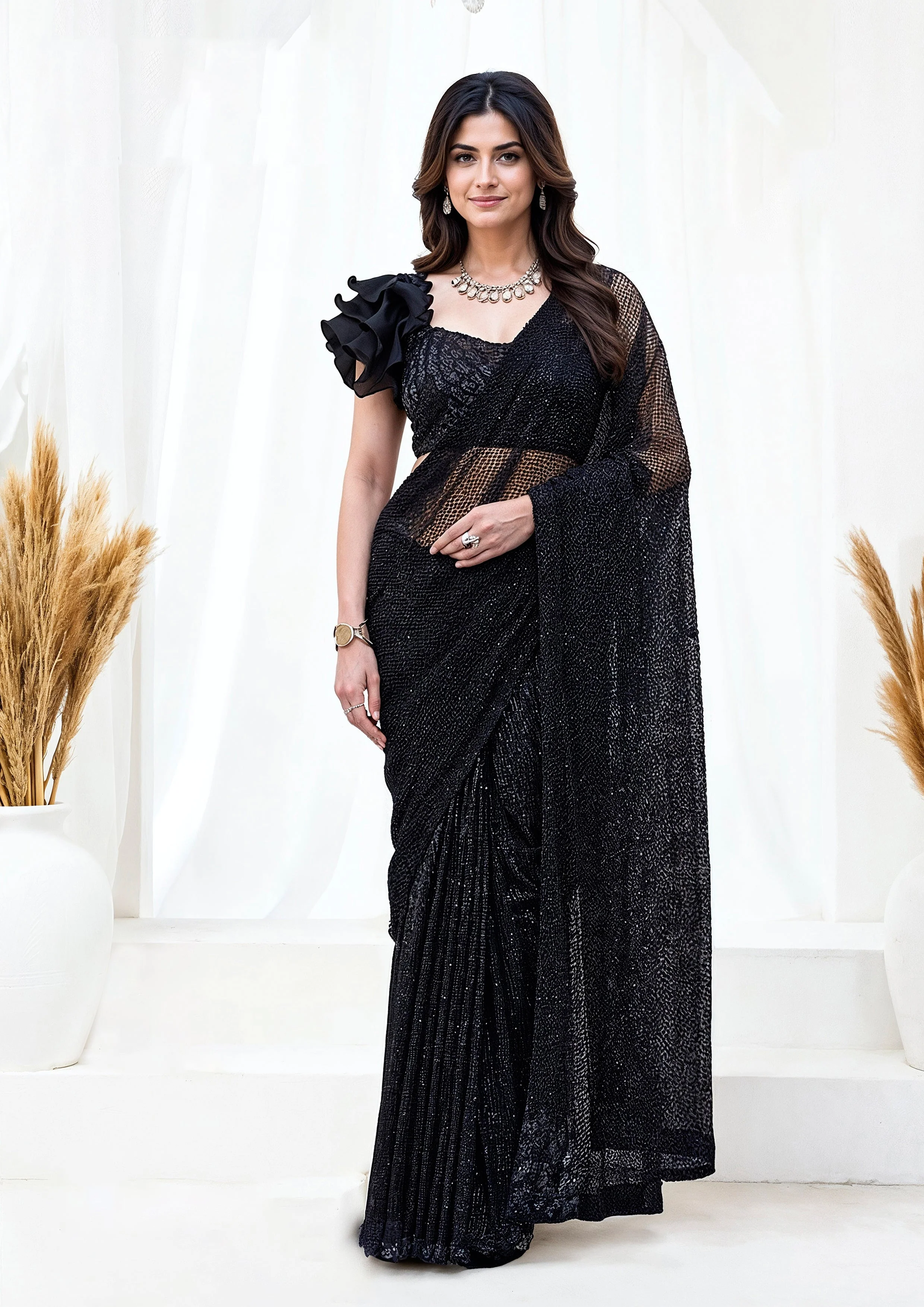 Onyx Starfall Embellished Armani Tulle Draped Saree