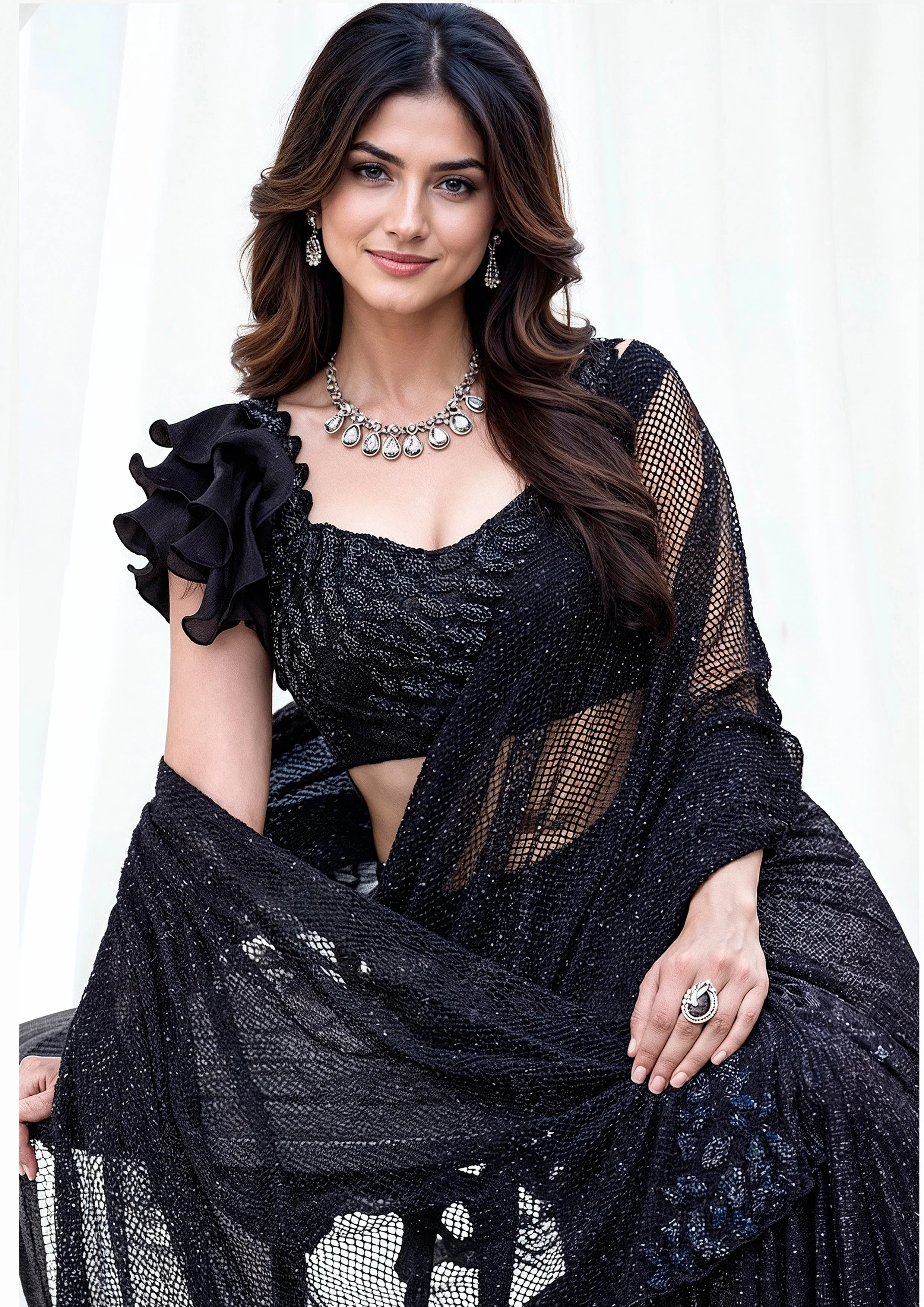 Onyx Starfall Embellished Armani Tulle Draped Saree - Image 3