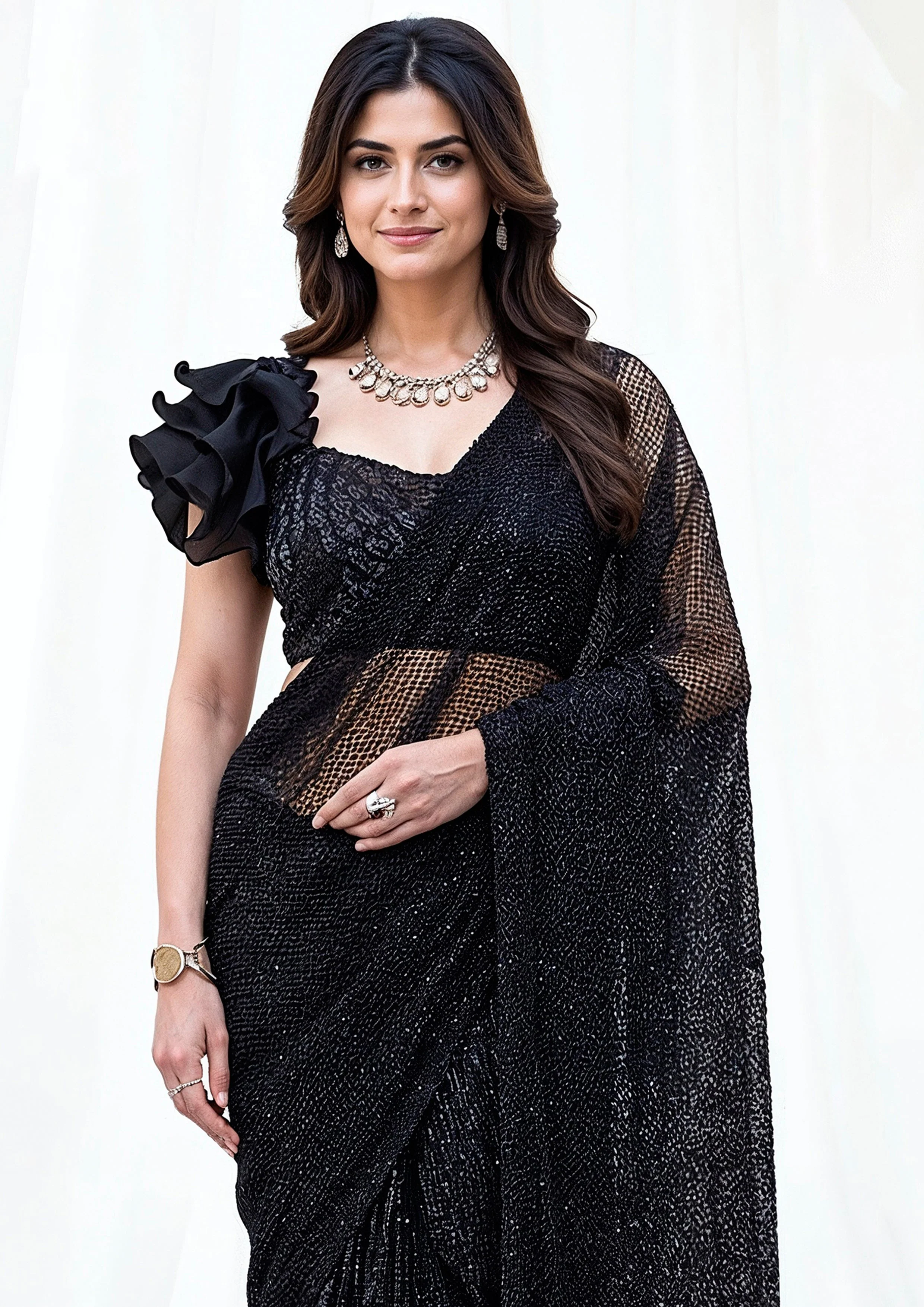 Onyx Starfall Embellished Armani Tulle Draped Saree - Image 5