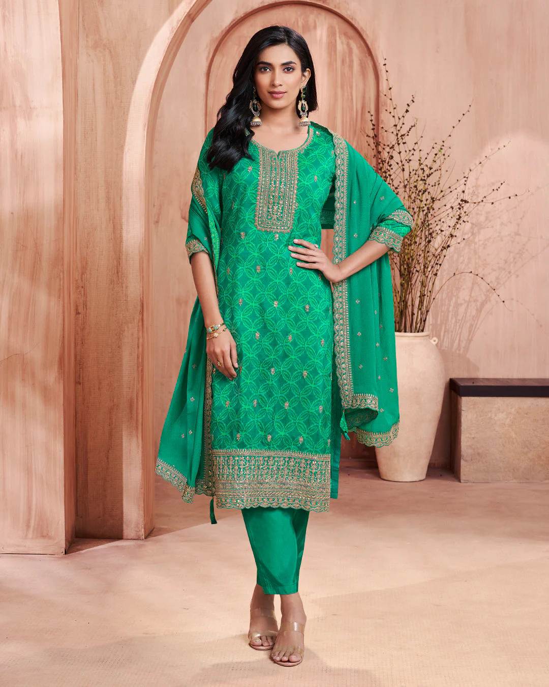Emerald Regal Embellished Dola Silk Pant Set