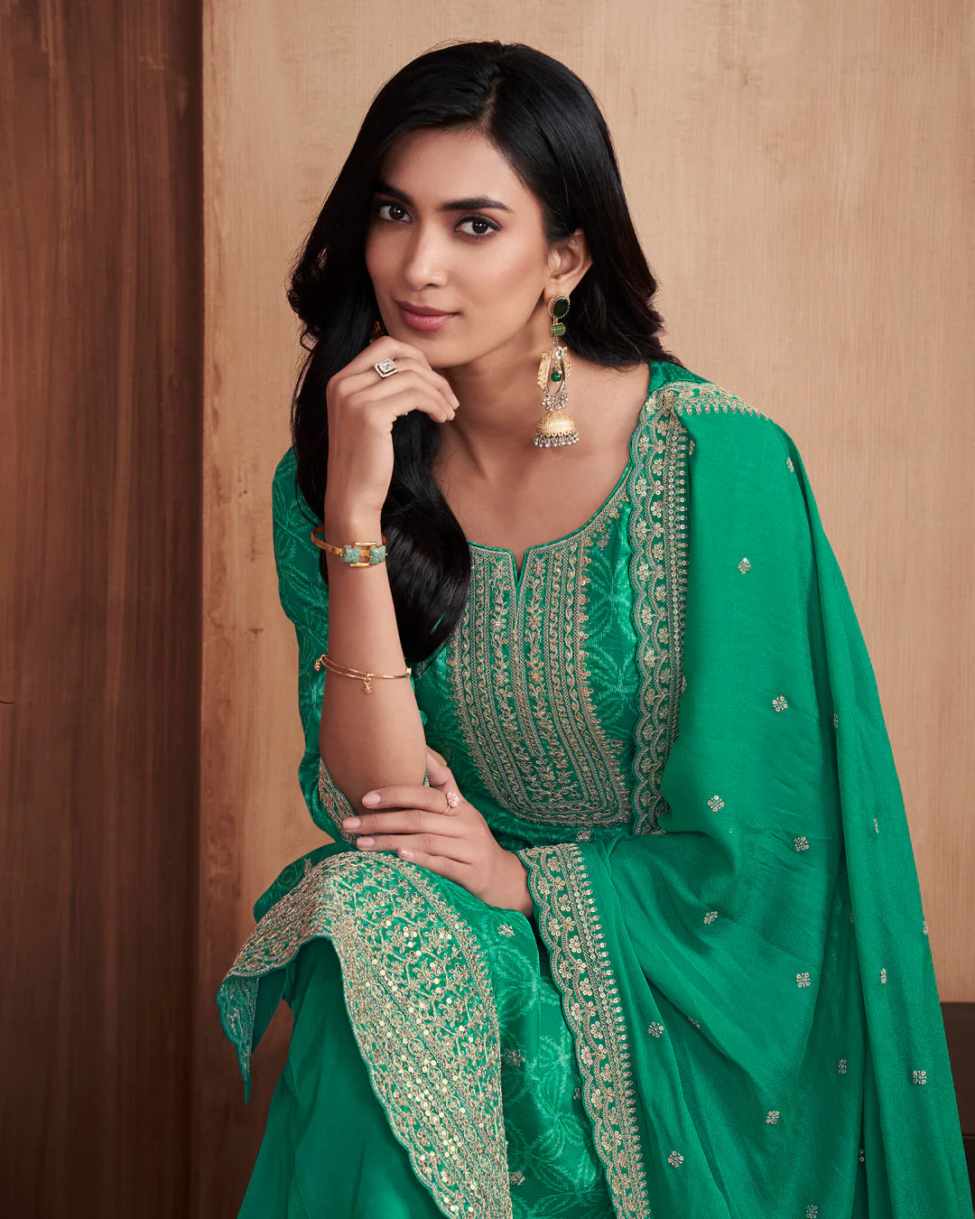 Emerald Regal Embellished Dola Silk Pant Set - Image 2