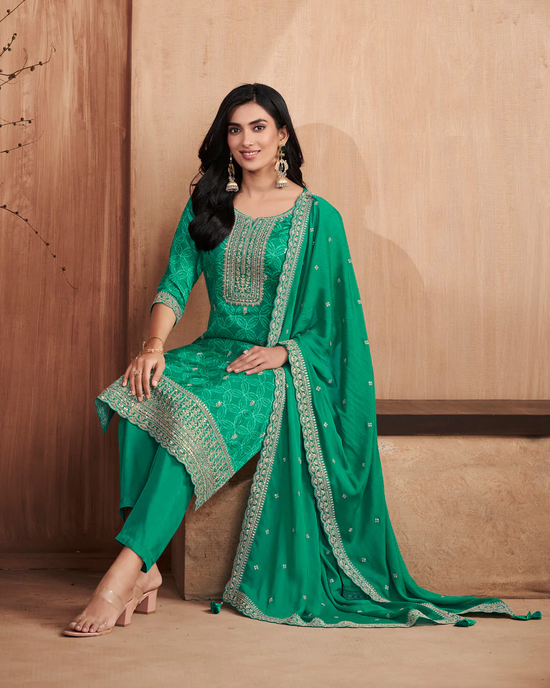 Emerald Regal Embellished Dola Silk Pant Set - Image 5