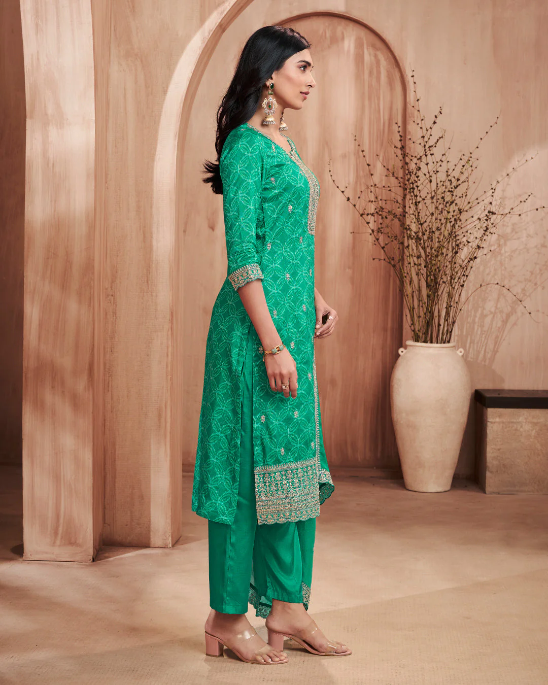 Emerald Regal Embellished Dola Silk Pant Set - Image 6