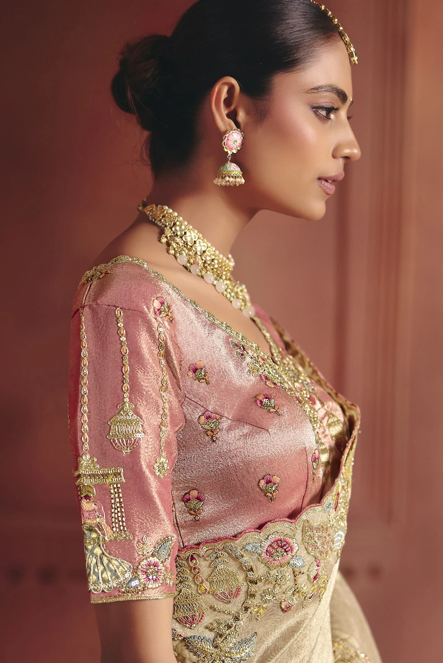 Champagne Gold Embellished Shimmer Tissue Silk Saree - Image 3