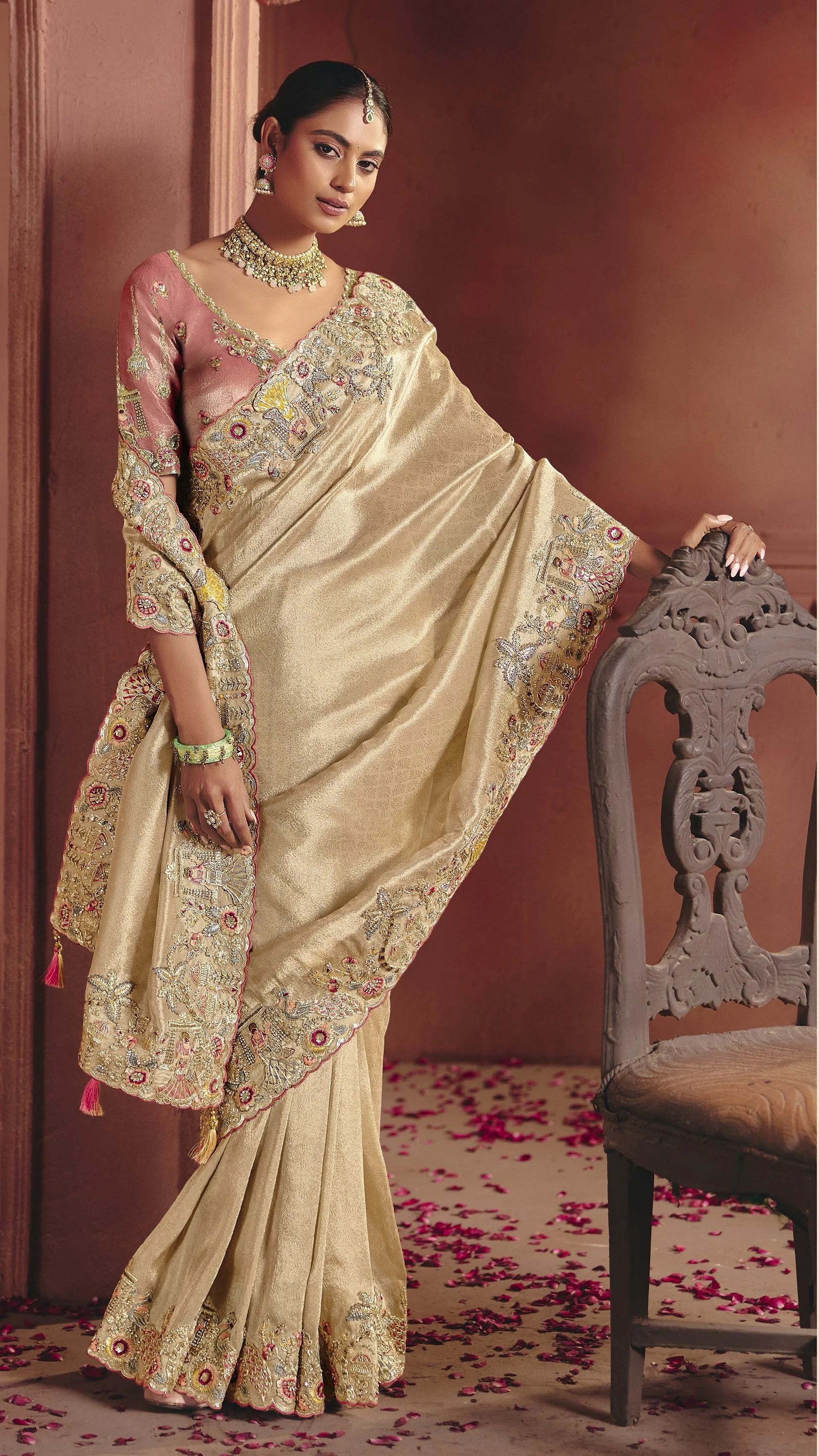Champagne Gold Embellished Shimmer Tissue Silk Saree - Image 4