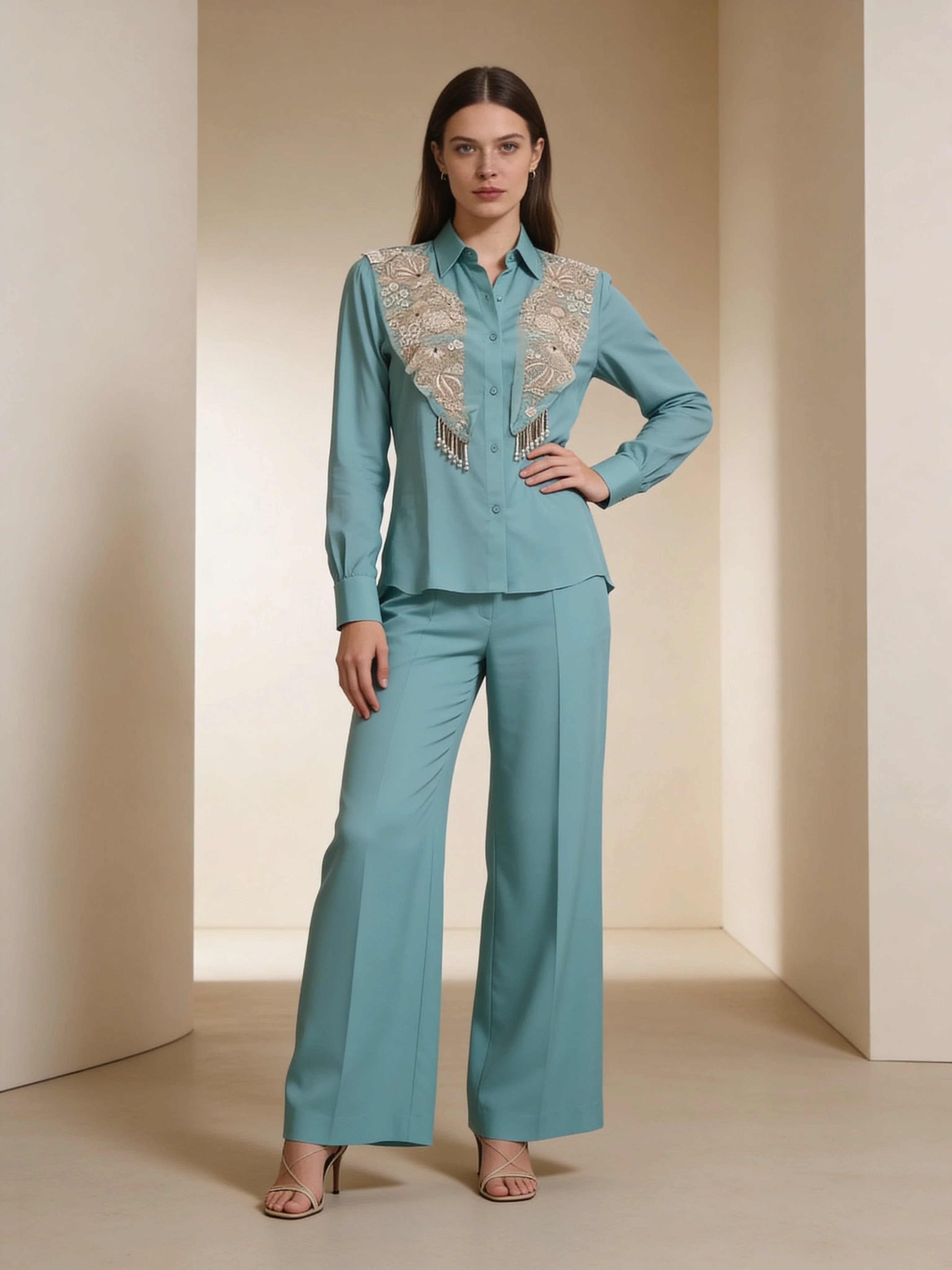 Turquoise Embellished Premium Raw Silk Co-Ord Set - Image 2