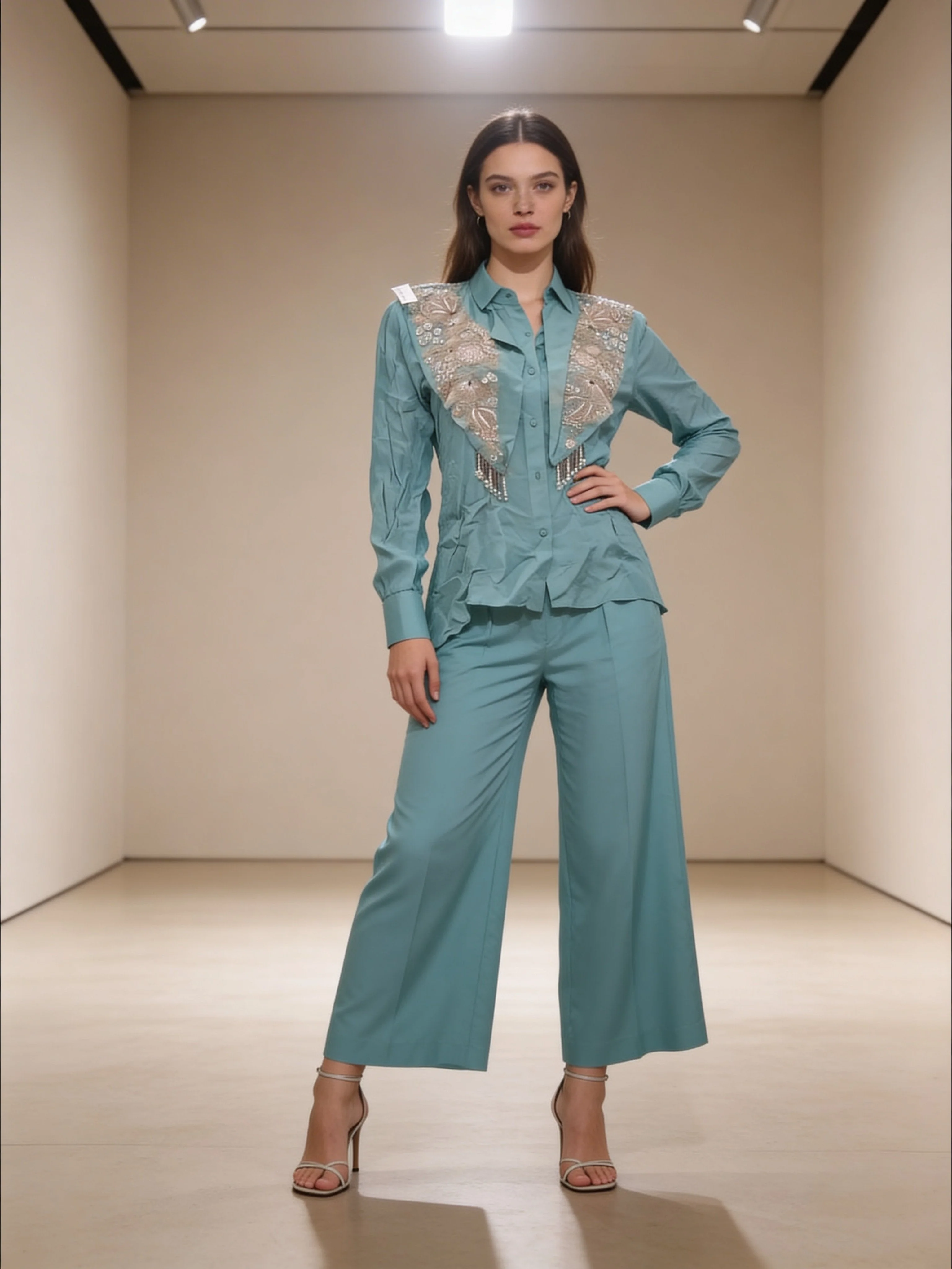 Turquoise Embellished Premium Raw Silk Co-Ord Set - Image 3