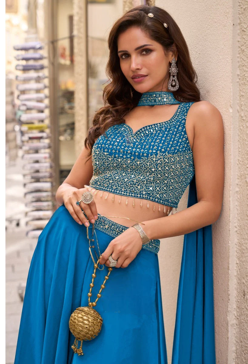 Teal Blue Embellished Georgette Silk Palazzo Set - Image 2