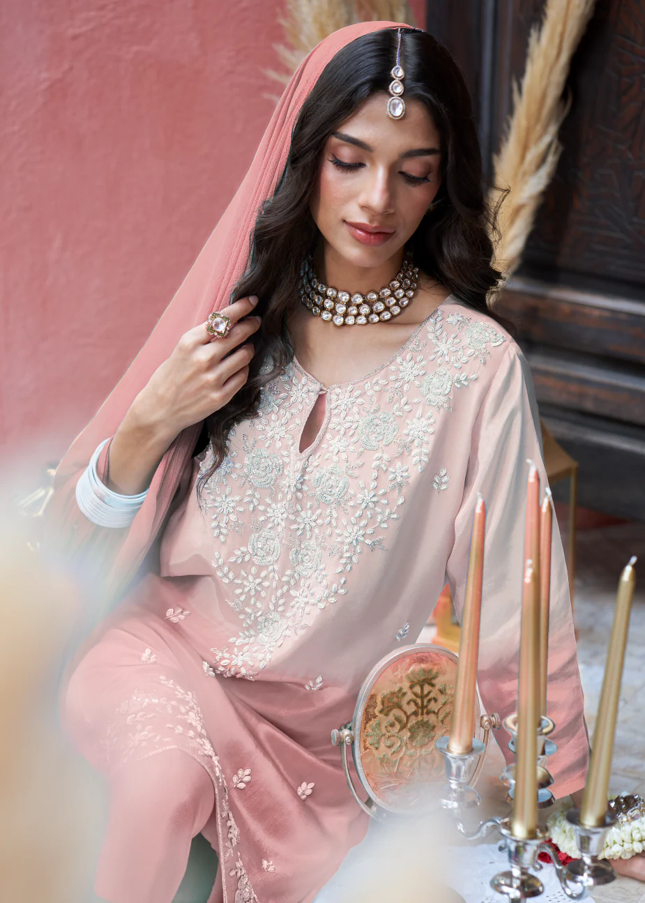 Peach Ombre Embellished Crepe Silk Palazzo Set - Image 2