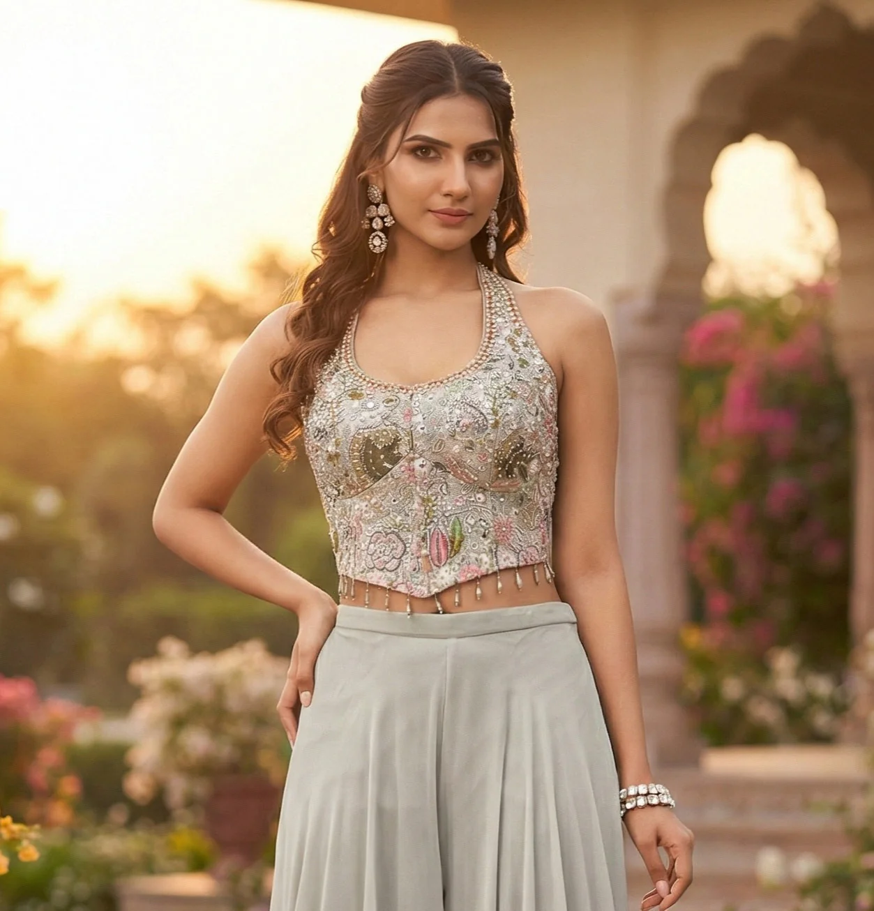 Silver Grey Embellished Georgette Silk Palazzo Set - Image 2