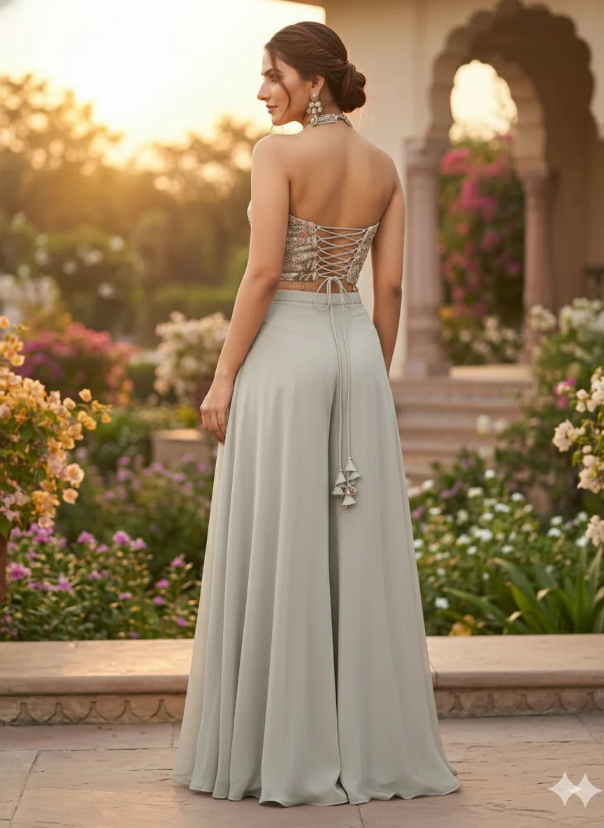 Silver Grey Embellished Georgette Silk Palazzo Set - Image 3