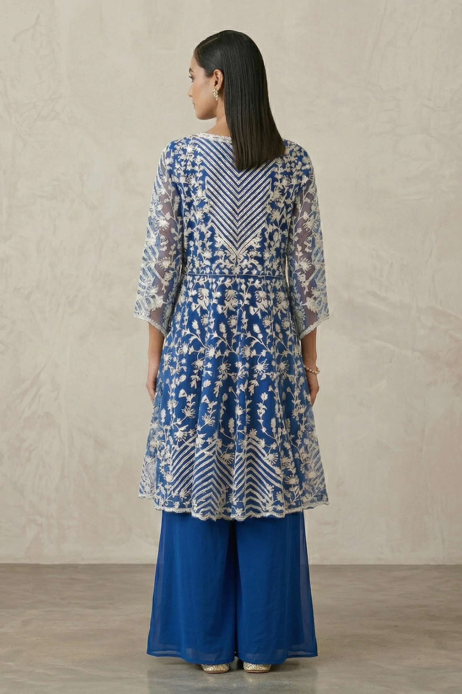 Cobalt Bloom Embellished Georgette Silk Palazzo Set - Image 2