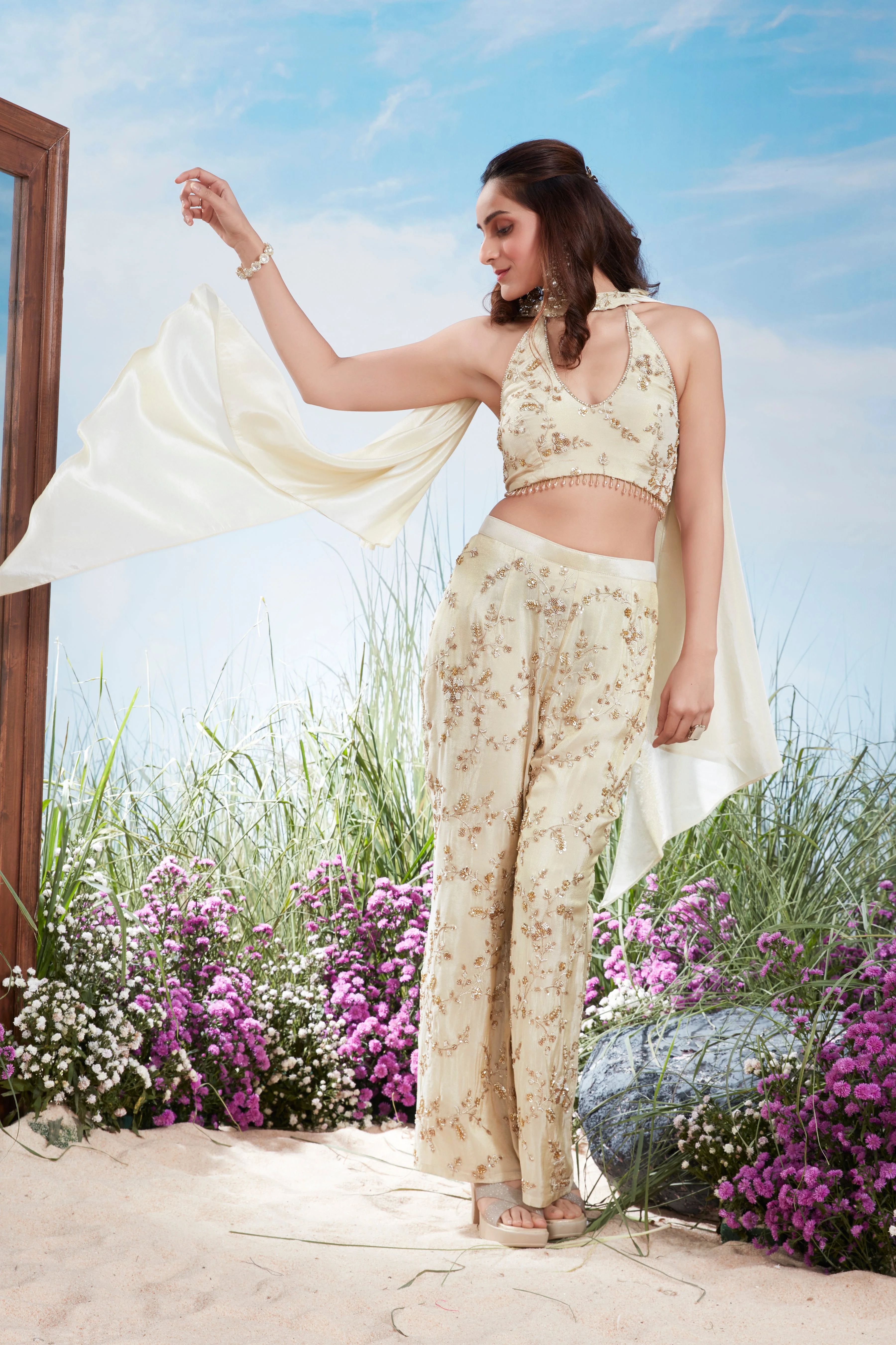 Cream Beige Embellished Uppada Silk Pant Set - Image 2