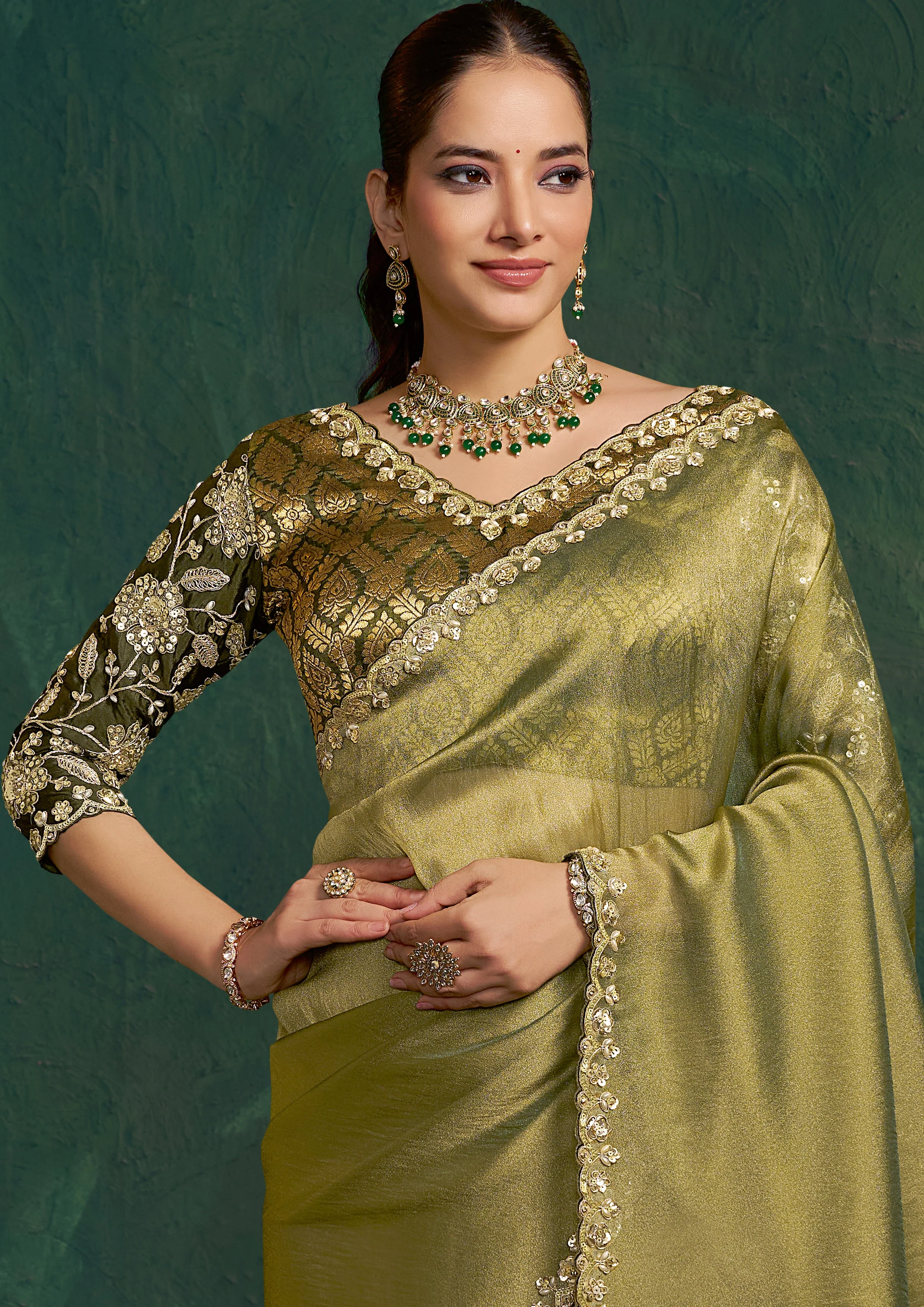 Olive Green Embellished Tissue Silk Saree - Image 2