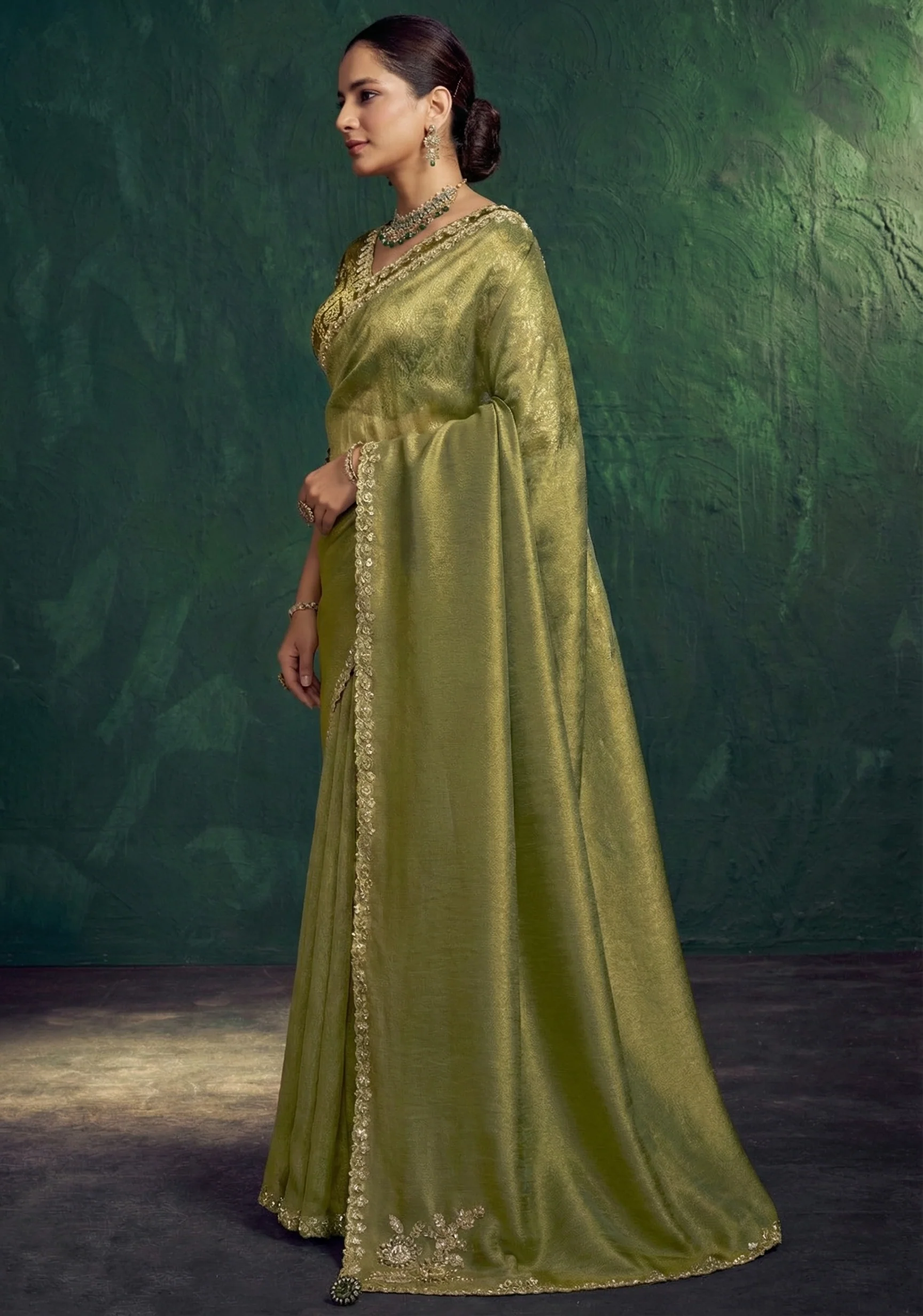 Olive Green Embellished Tissue Silk Saree - Image 3