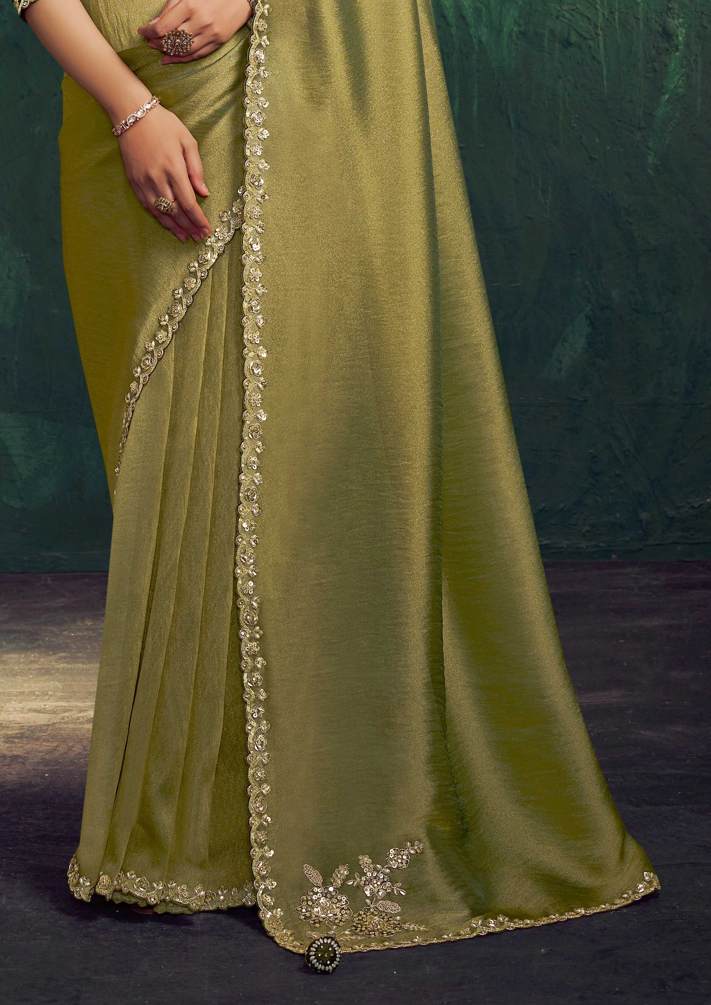 Olive Green Embellished Tissue Silk Saree - Image 4