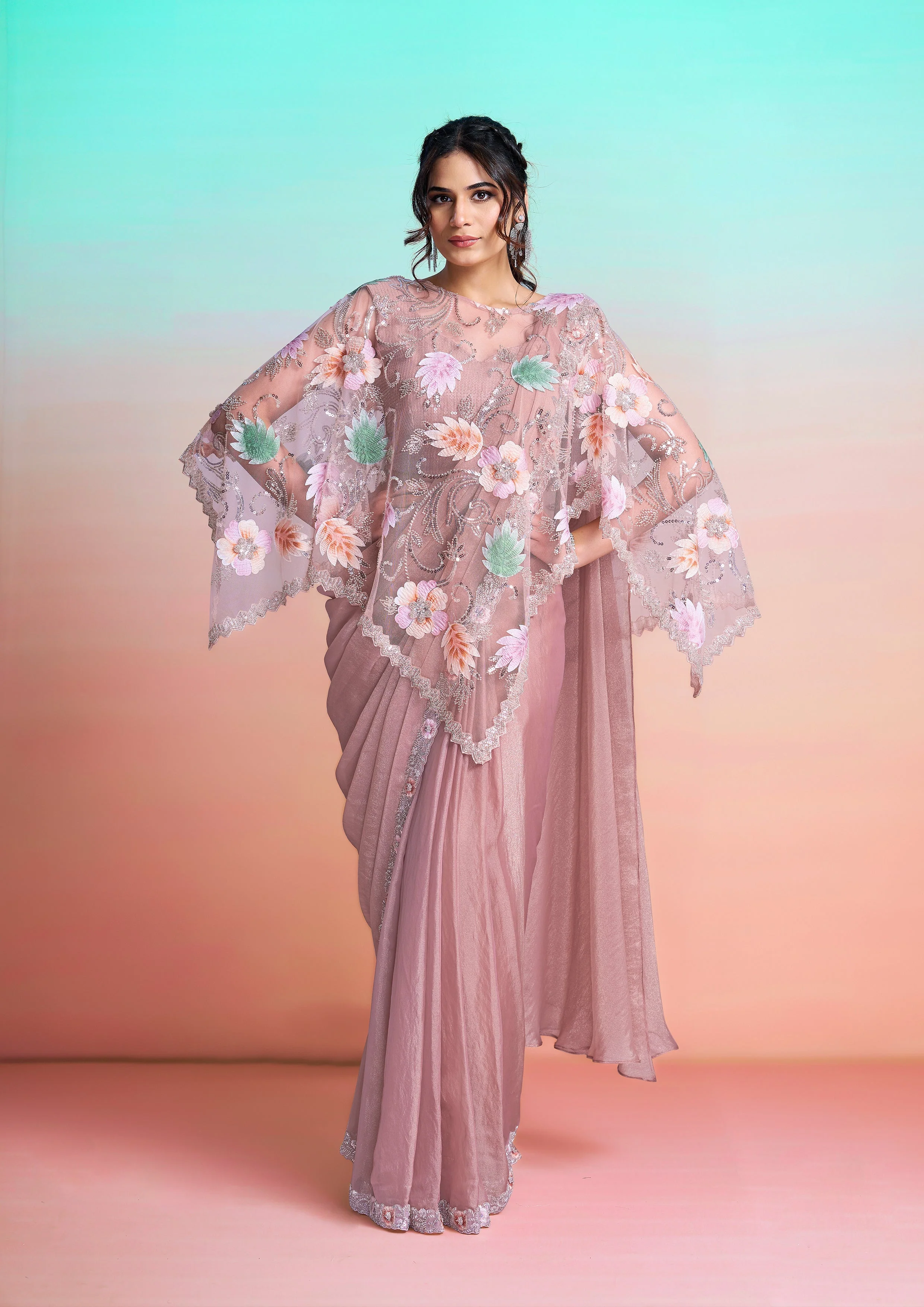 Dusty Rose Embellished Georgette Silk Saree