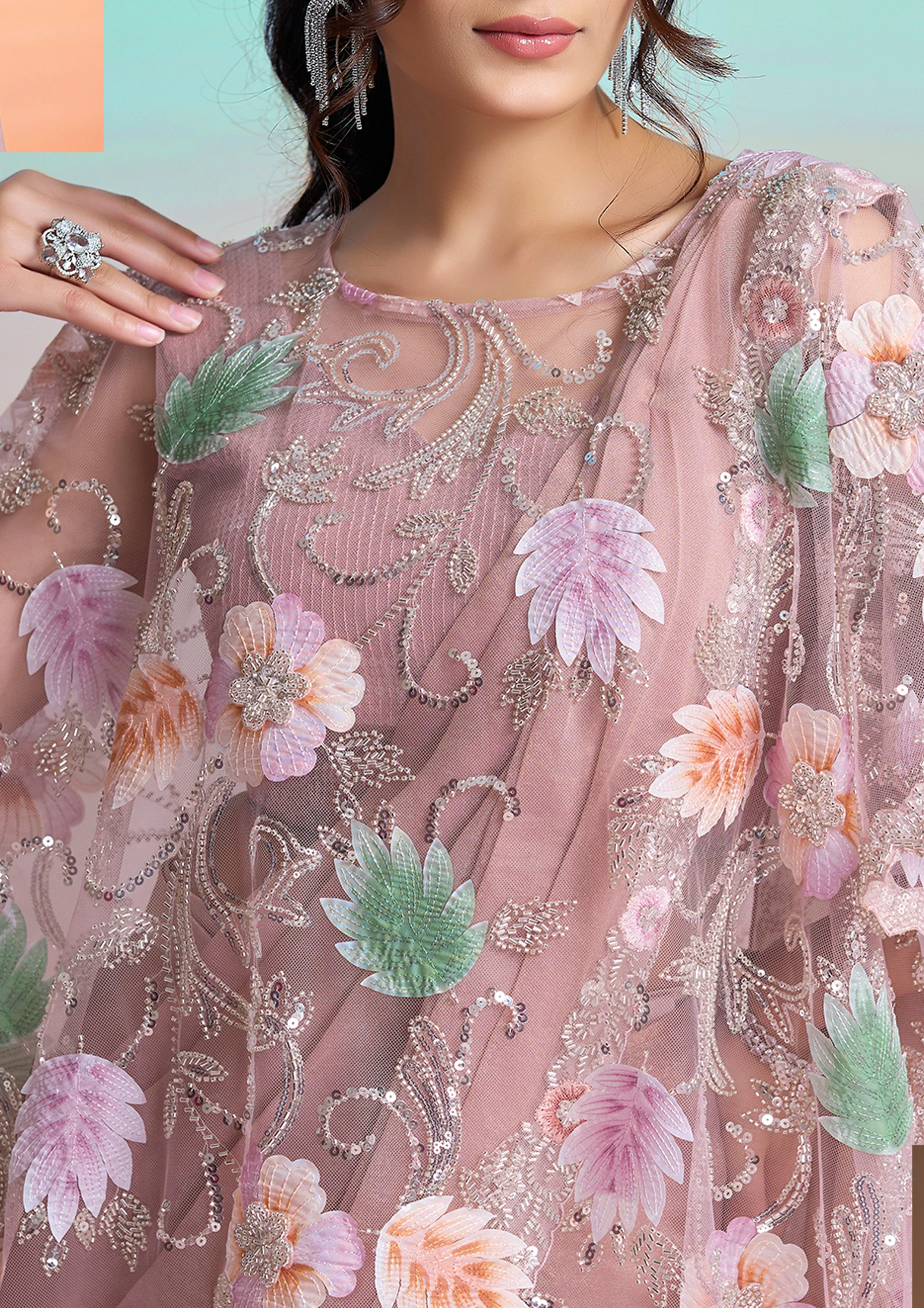 Dusty Rose Embellished Georgette Silk Saree - Image 3