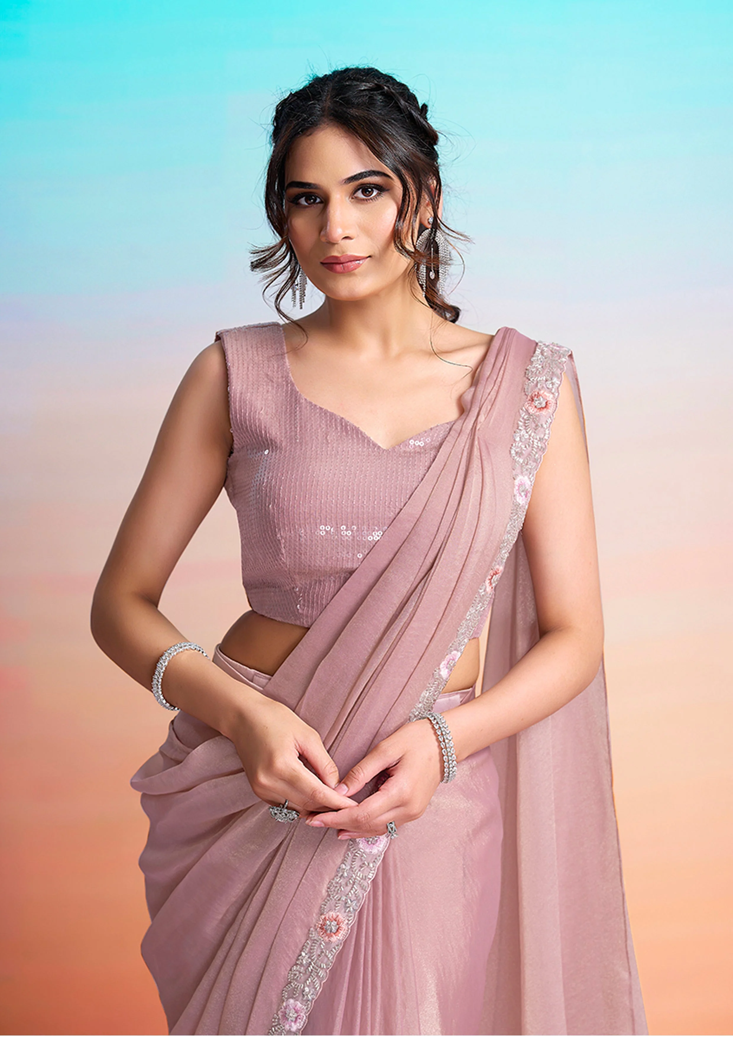 Dusty Rose Embellished Georgette Silk Saree - Image 4