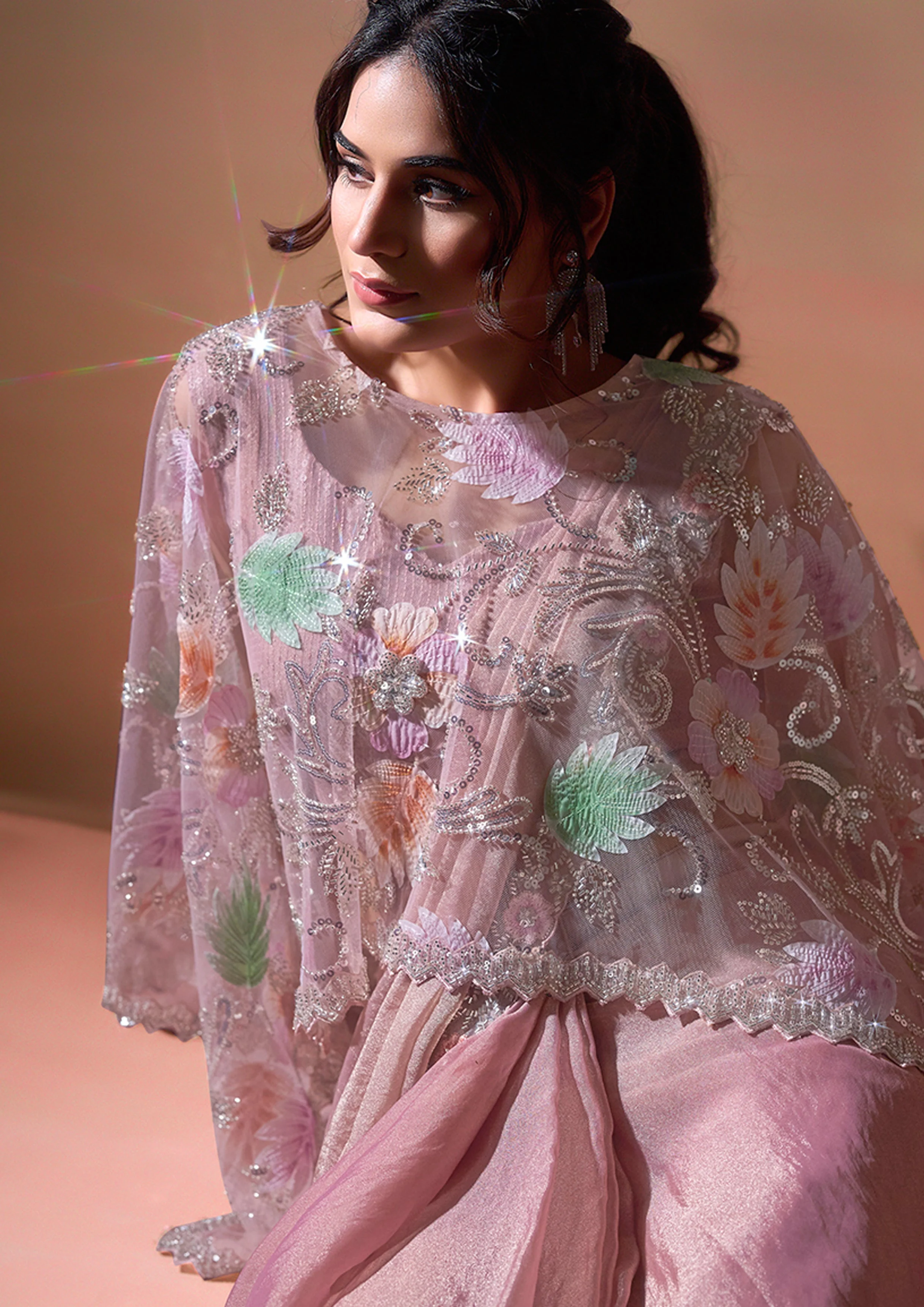 Dusty Rose Embellished Georgette Silk Saree - Image 5