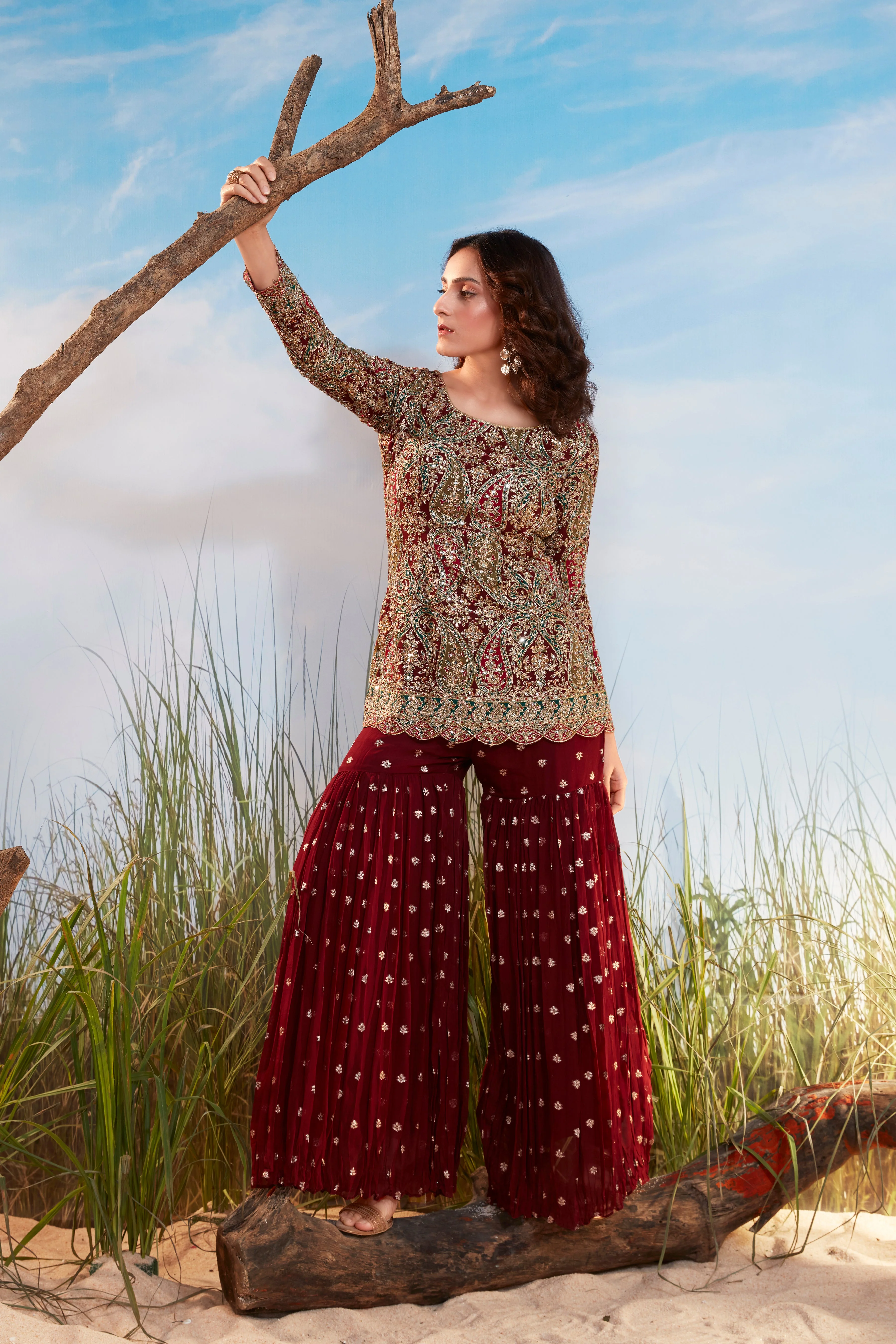 Deep Maroon Embellished Georgette Silk Sharara Set - Image 2