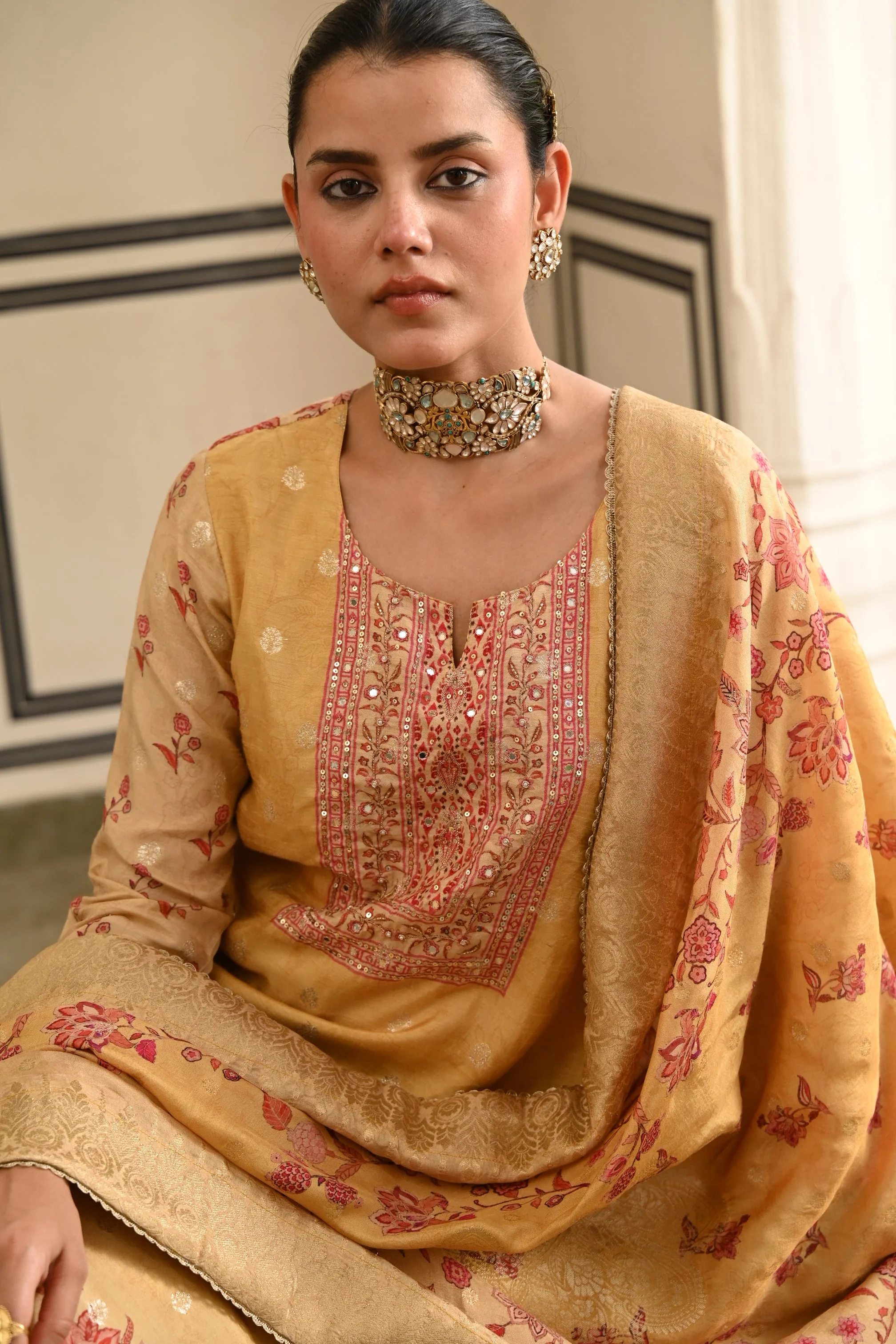 Mustard Yellow Printed Jacquard Silk Pant Set - Image 2