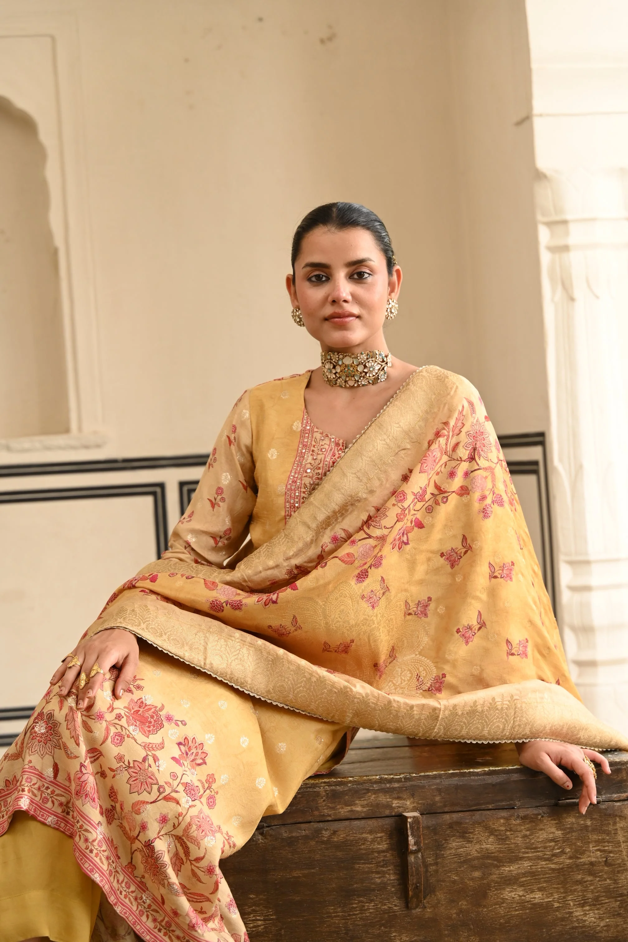 Mustard Yellow Printed Jacquard Silk Pant Set - Image 3