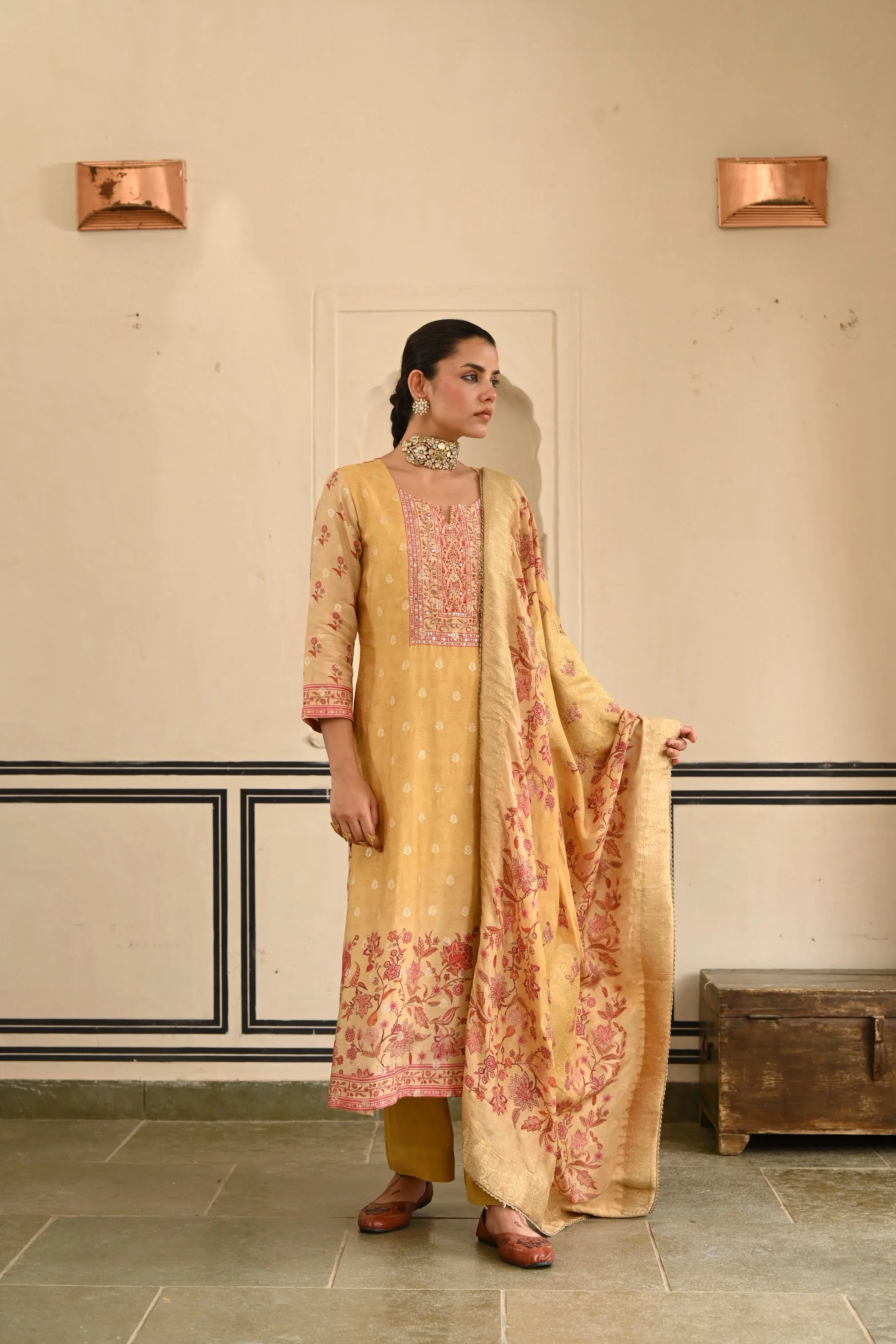 Mustard Yellow Printed Jacquard Silk Pant Set - Image 4