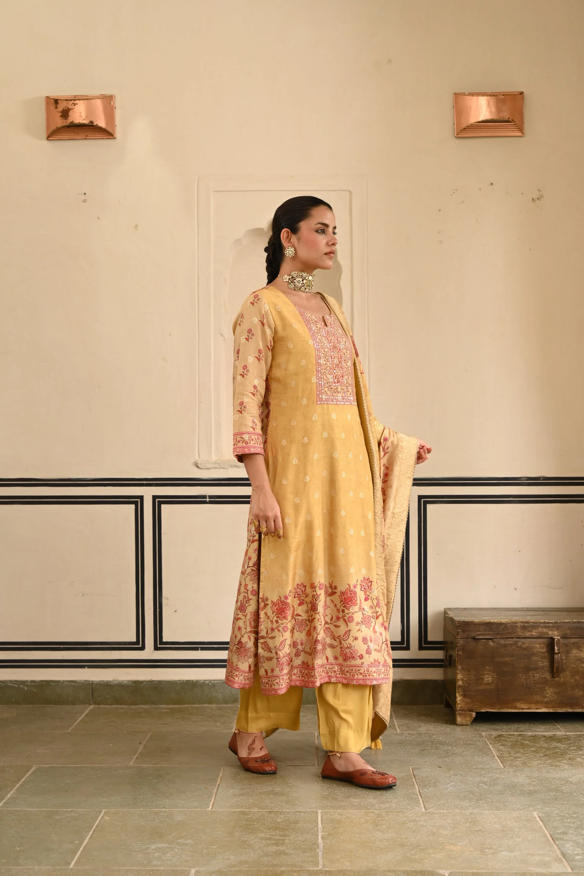 Mustard Yellow Printed Jacquard Silk Pant Set - Image 5