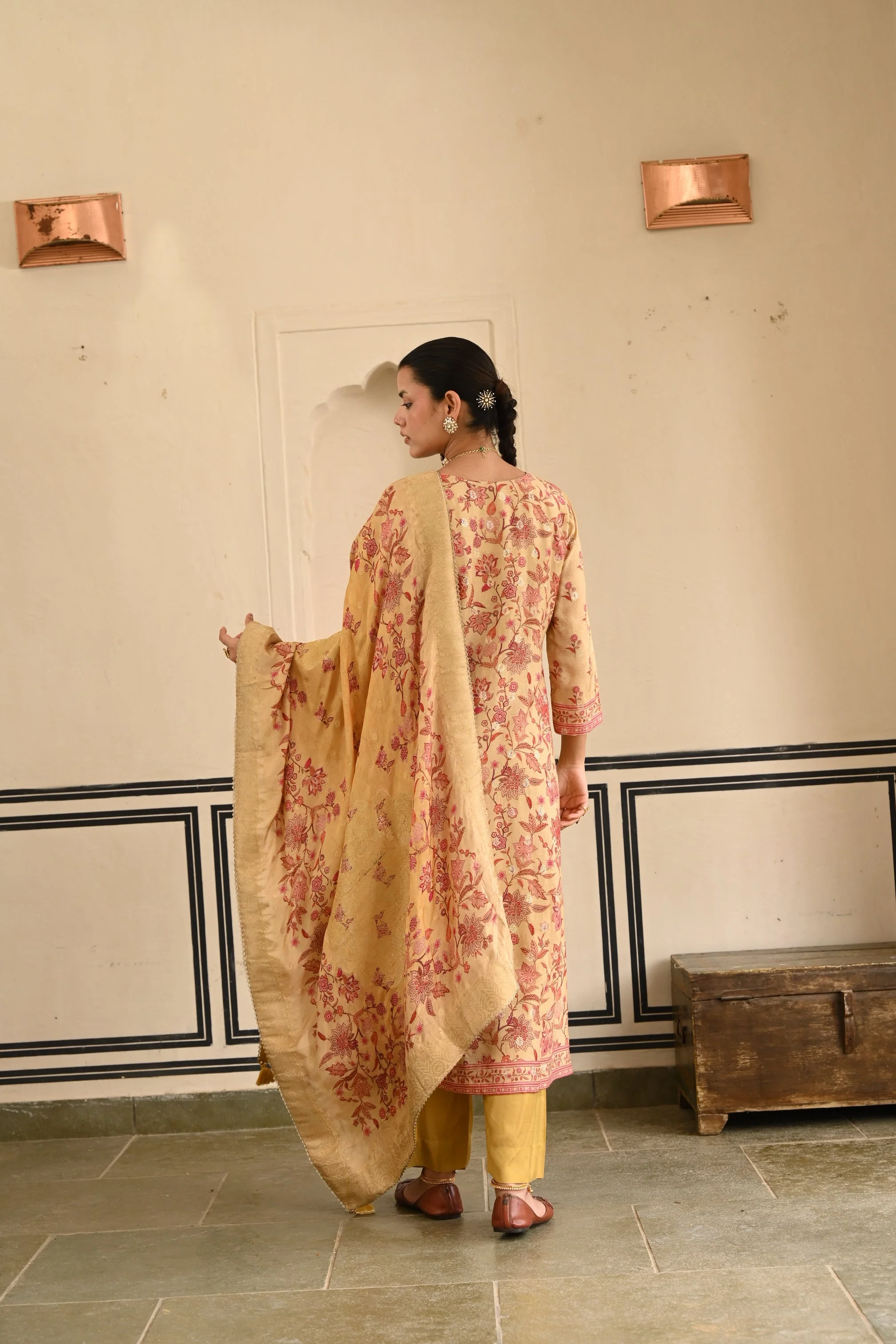 Mustard Yellow Printed Jacquard Silk Pant Set - Image 6