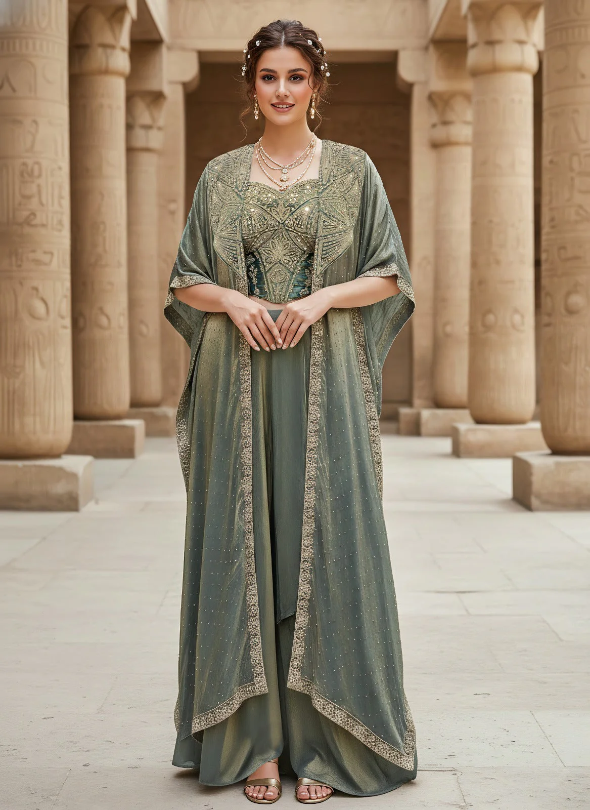 Glam Green Embellished Jimmy Choo Silk Skirt Set