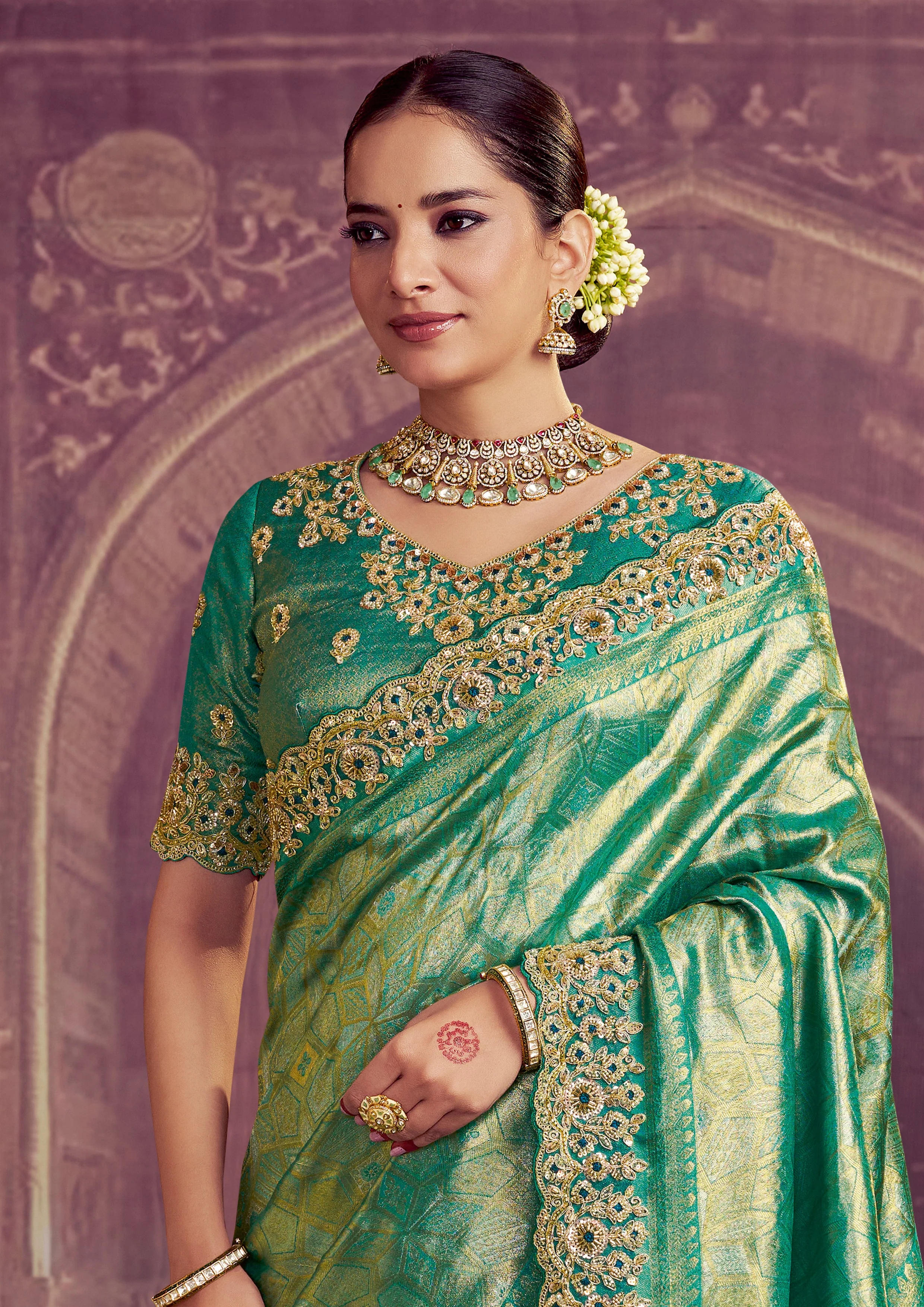 Sparkle Green Embellished Kanjivaram Silk Saree - Image 2